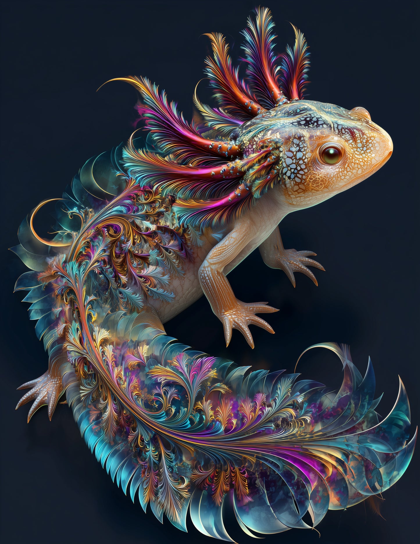 Axolotl — Fractal Filigree Art, Teal Hues Digital Wall Art, 3 Sizes Included, Living Room Decor