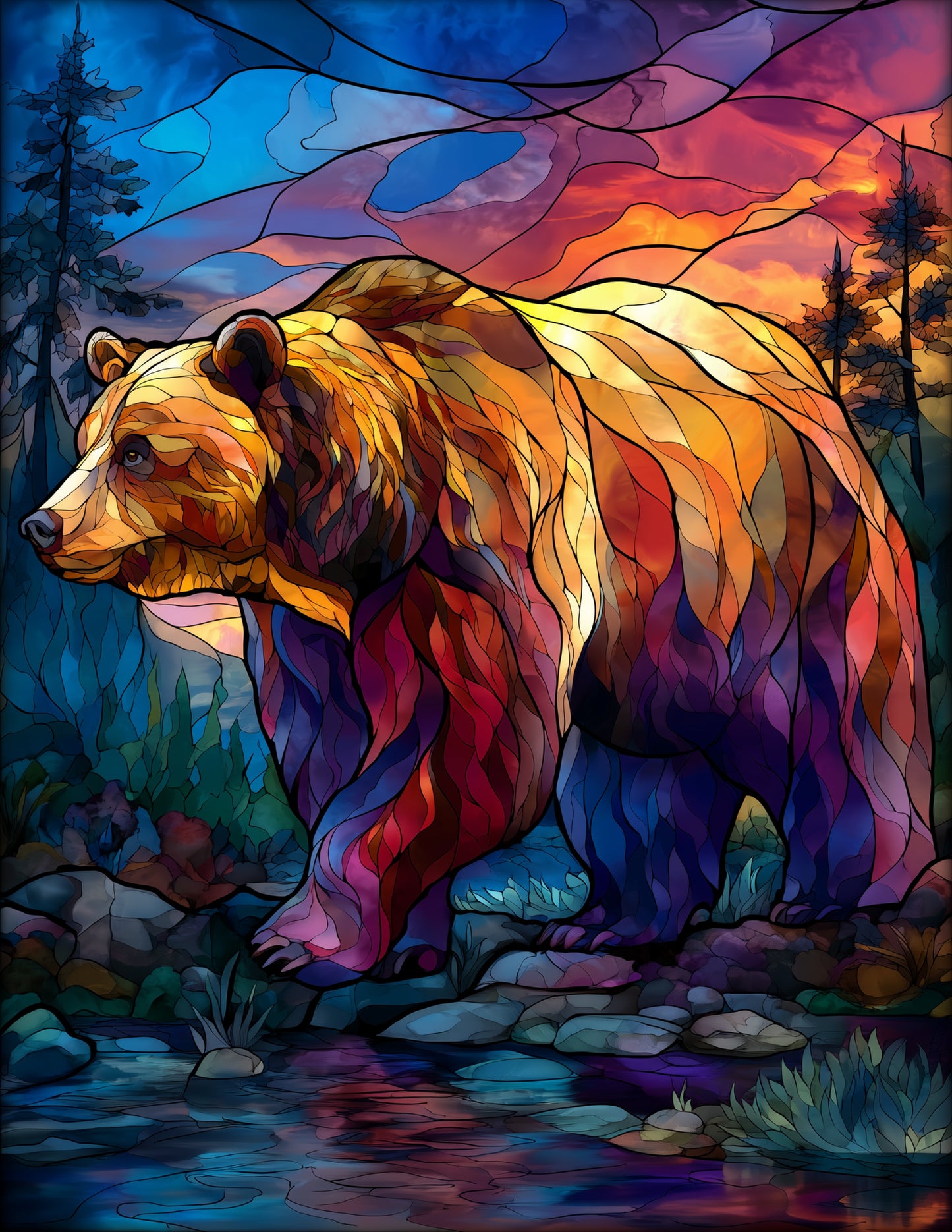 Bear — Stained Glass Art, Bold Contrast Digital Wall Art, 3 Sizes Included, Living Room Decor