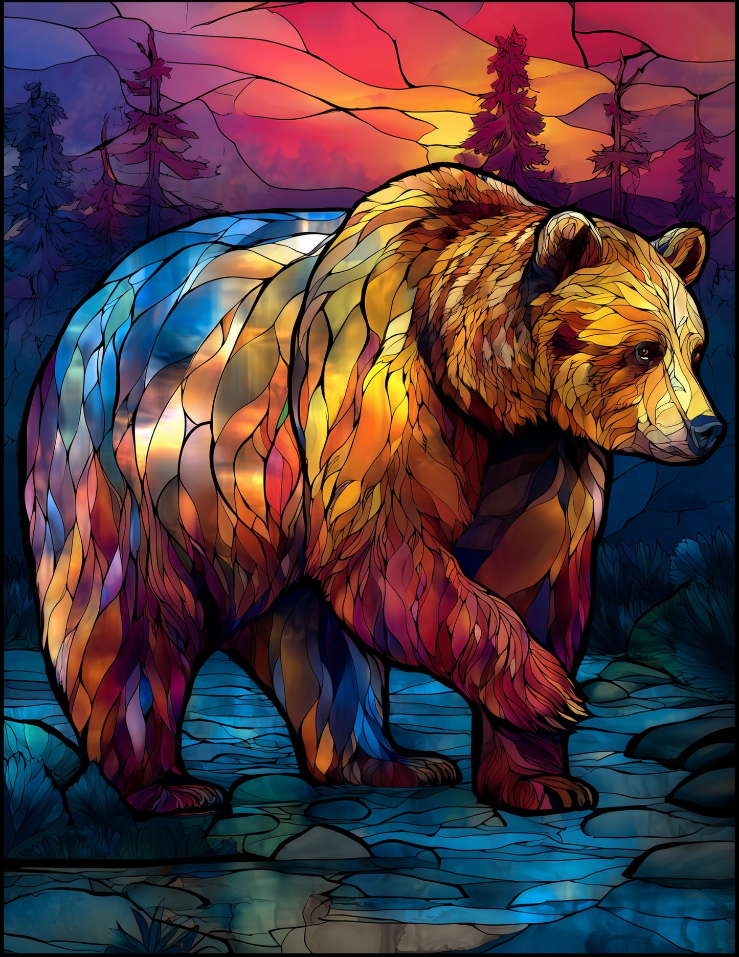 Bear — Stained Glass Art, Serene Hues Digital Wall Art, 3 Sizes Included, Living Room Decor
