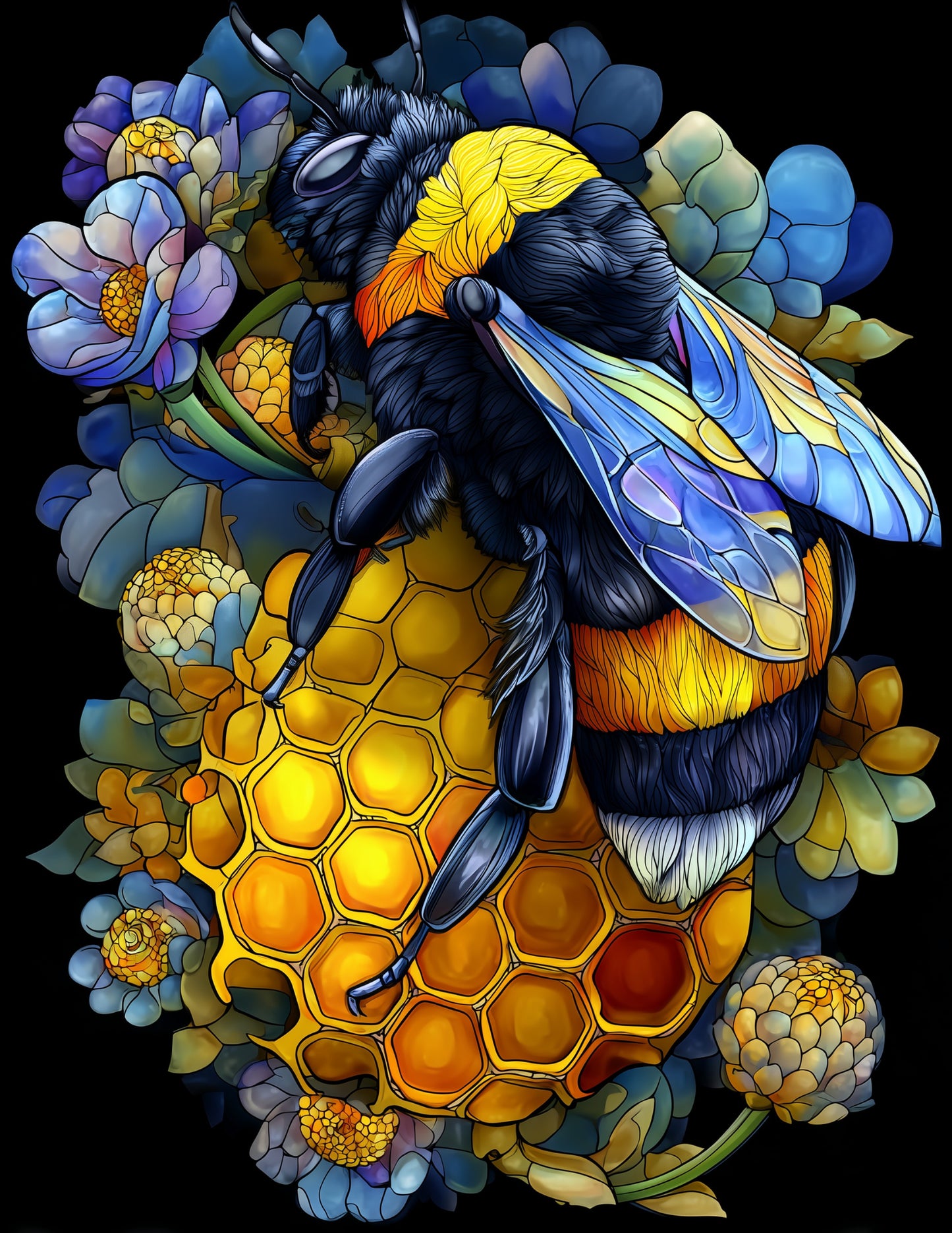 Bee — Stained Glass Art, Forest Hues Digital Wall Art, 3 Sizes Included, Living Room Decor