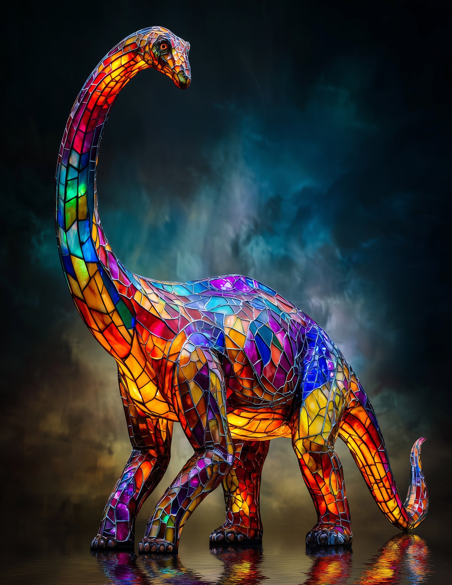 Brachiosaurus — Stained Glass Art, Warm Tones Digital Wall Art, 3 Sizes Included, Living Room Decor