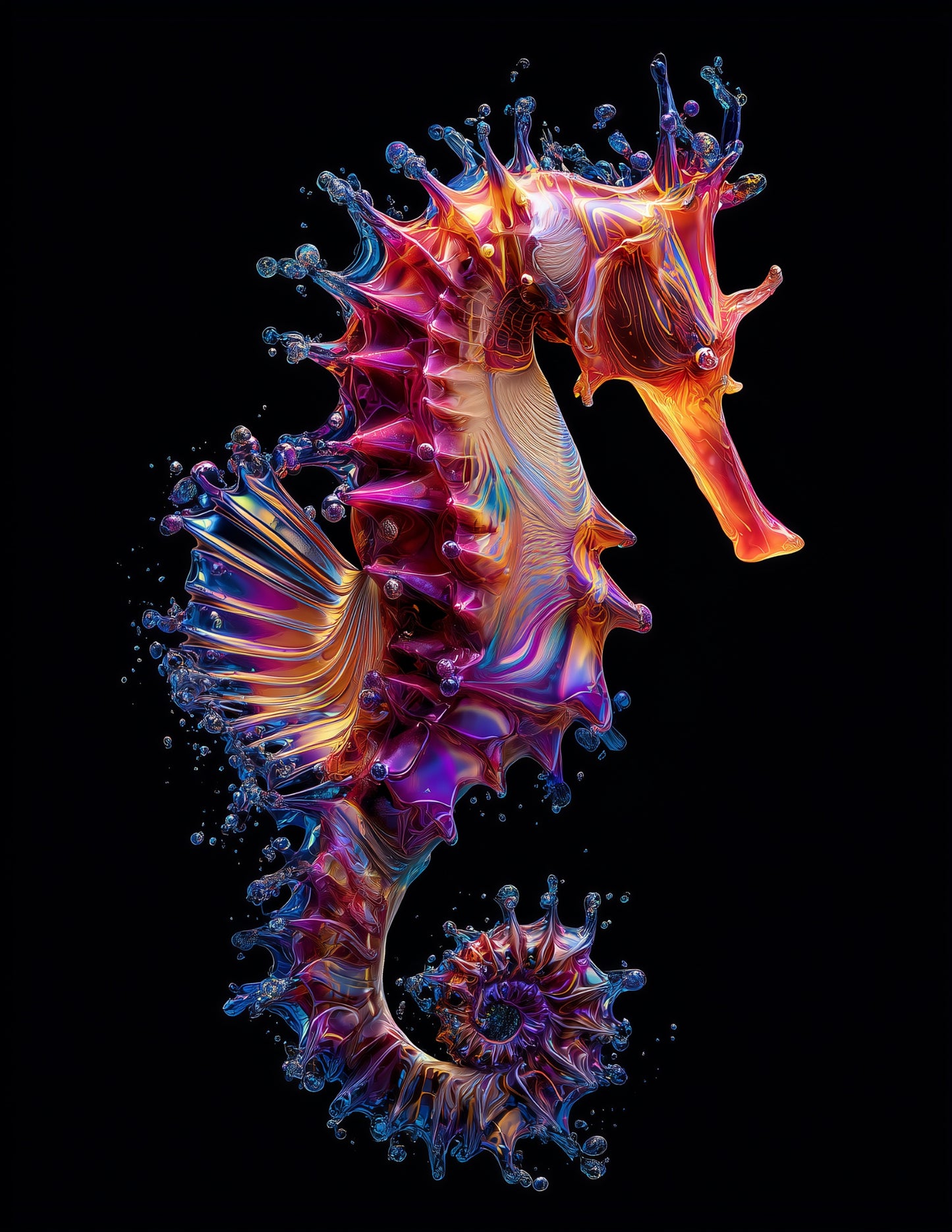 Bullneck Seahorse Ferrofluid Art, Ocean Prism Digital Wall Art, 3 Sizes Included, Living Room Decor