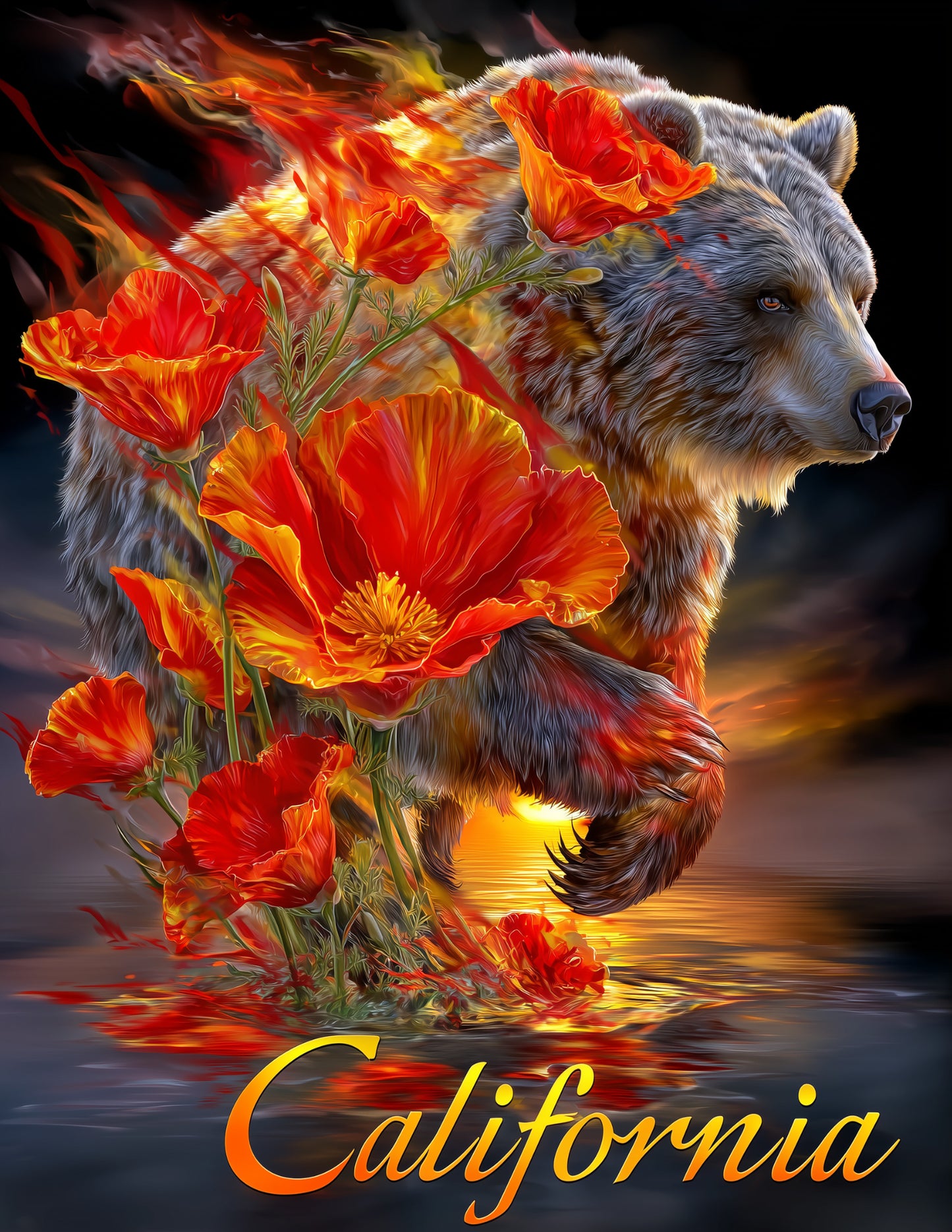 Californian Grizzly Bear — Double Exposure Art, Warm Pastels Digital Wall Art, 3 Sizes Included, Living Room Decor