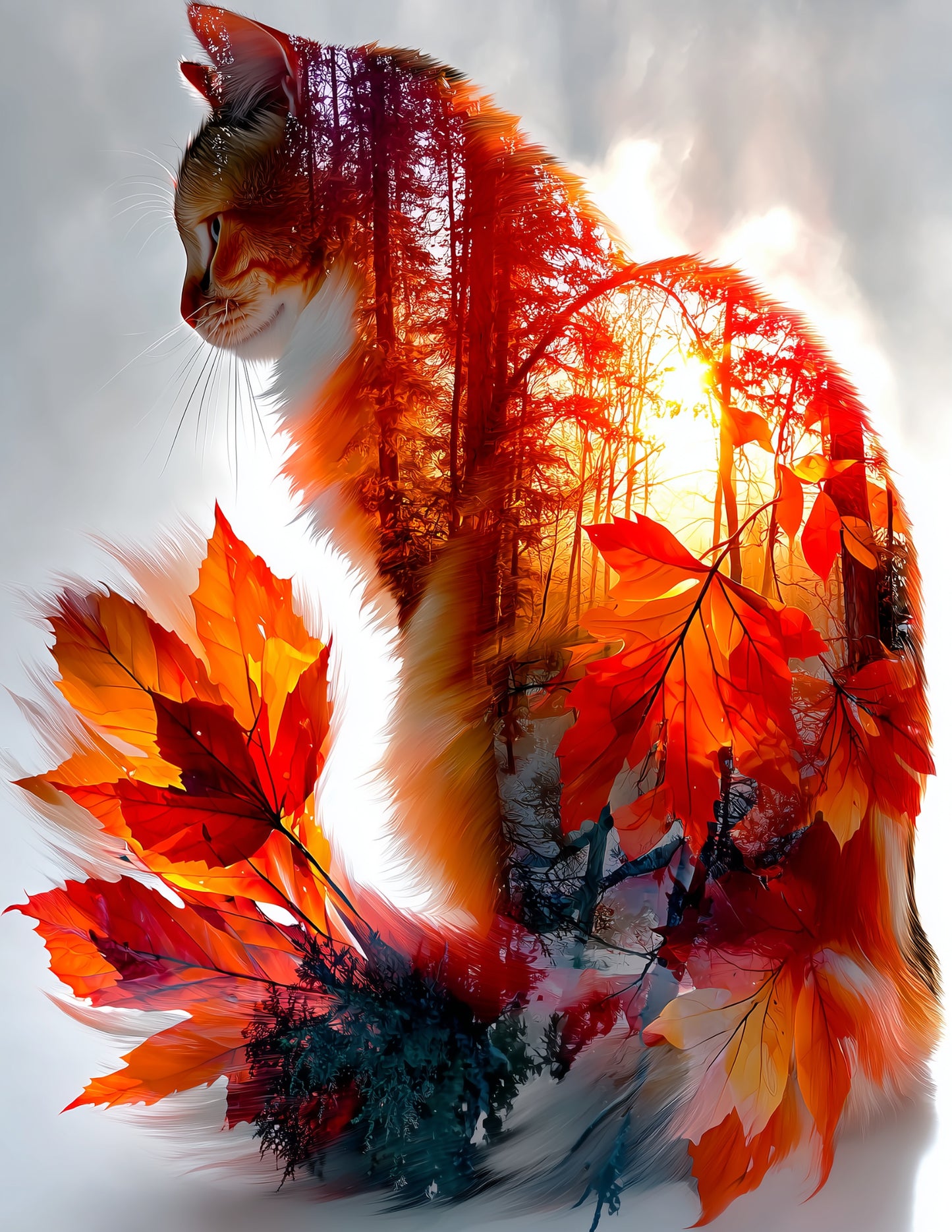 Cat — Double Exposure Art, Autumn Light Digital Wall Art, 3 Sizes Included, Living Room Decor