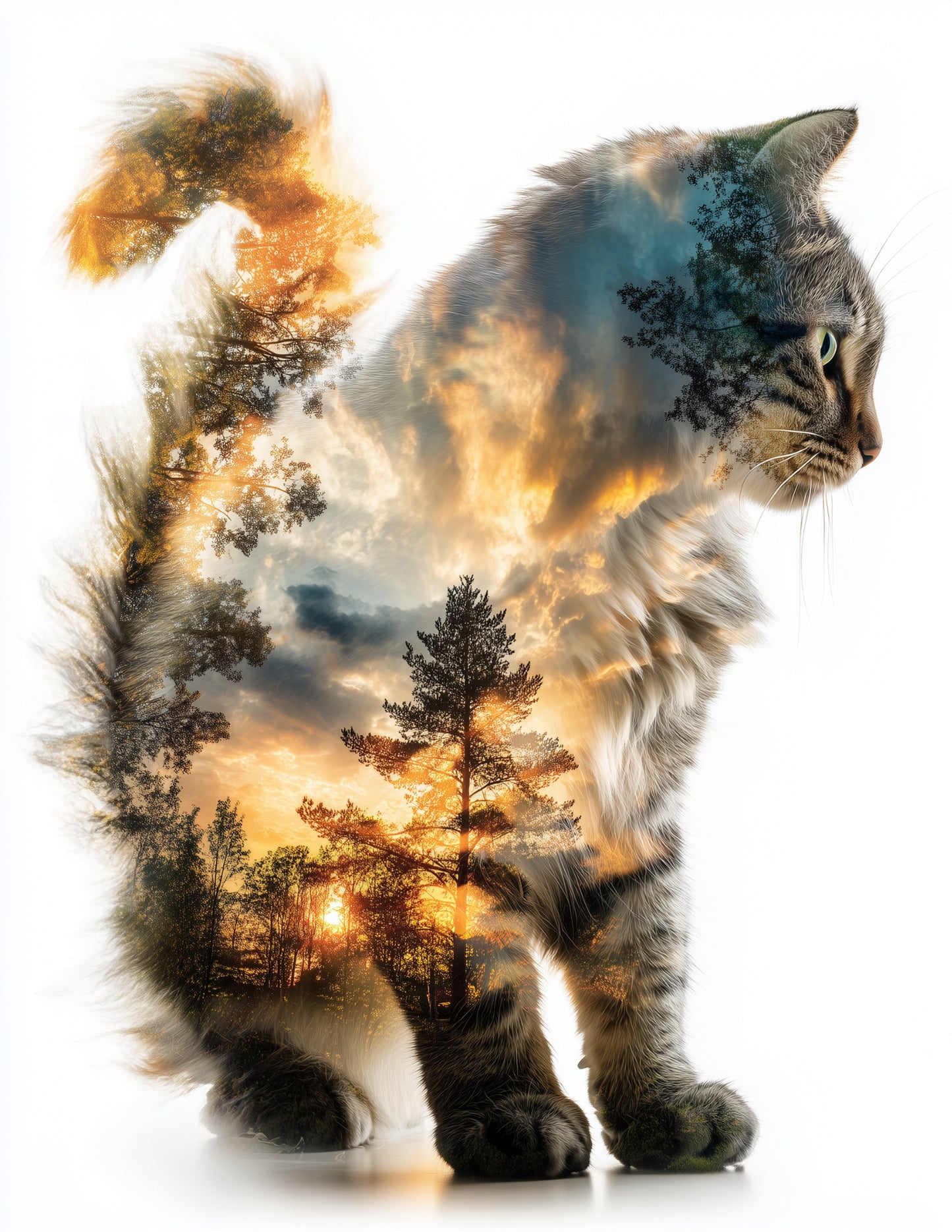 Cat — Double Exposure Art, Golden Dusk Digital Wall Art, 3 Sizes Included, Living Room Decor
