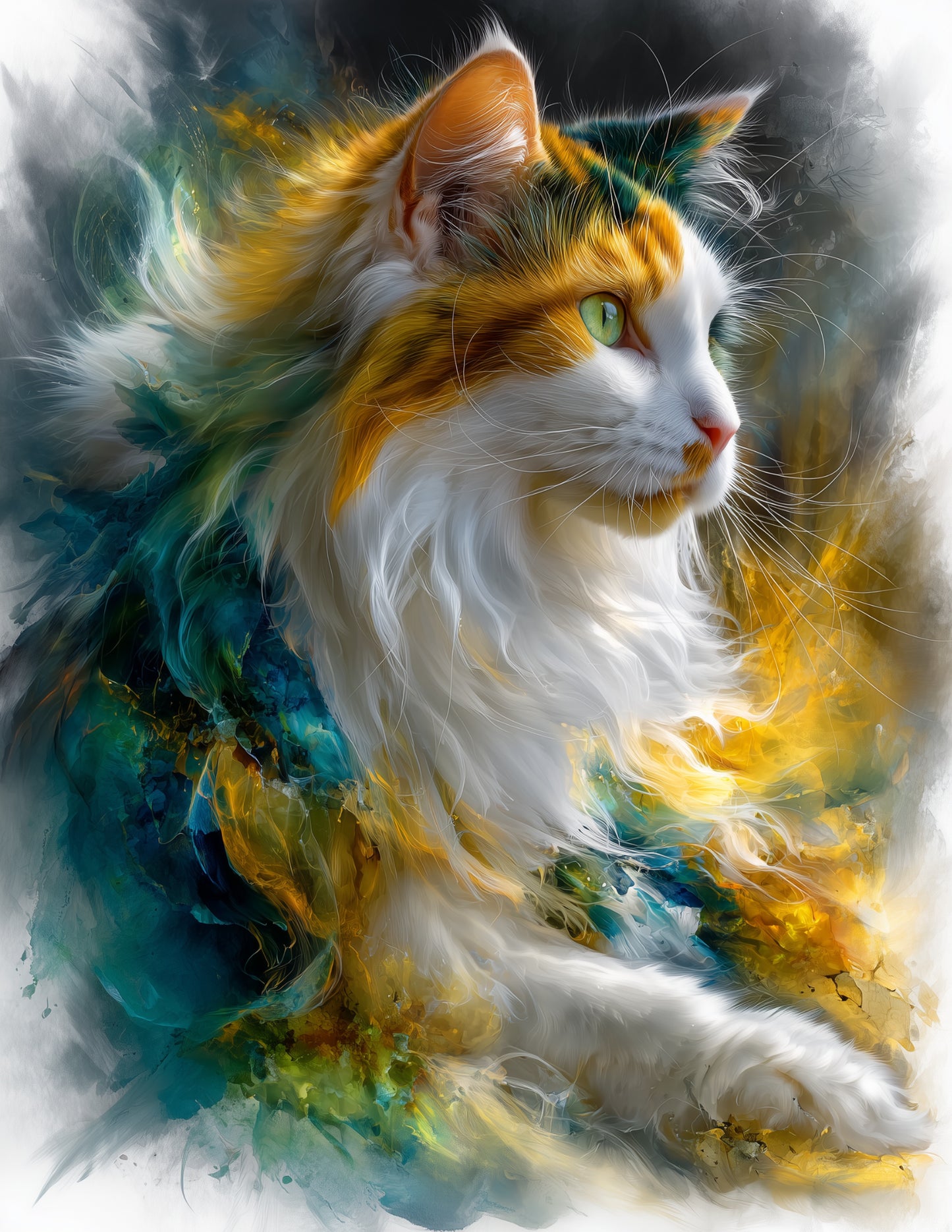 Cat — Watercolor Art, Emerald Mist Digital Wall Art, 3 Sizes Included, Living Room Decor