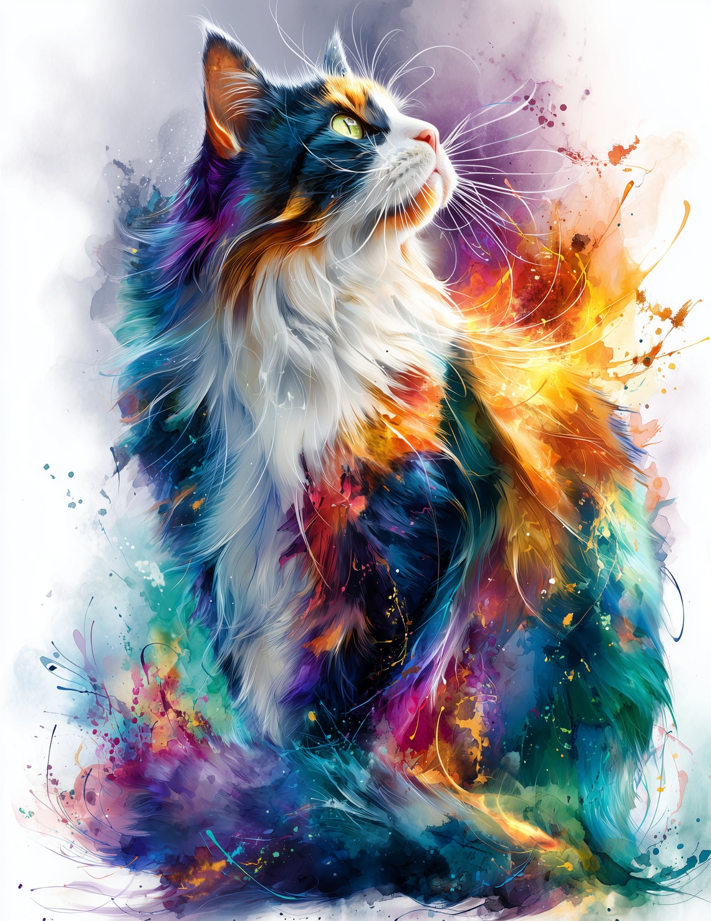 Cat — Watercolor Art, Rainbow Glow Digital Wall Art, 3 Sizes Included, Living Room Decor