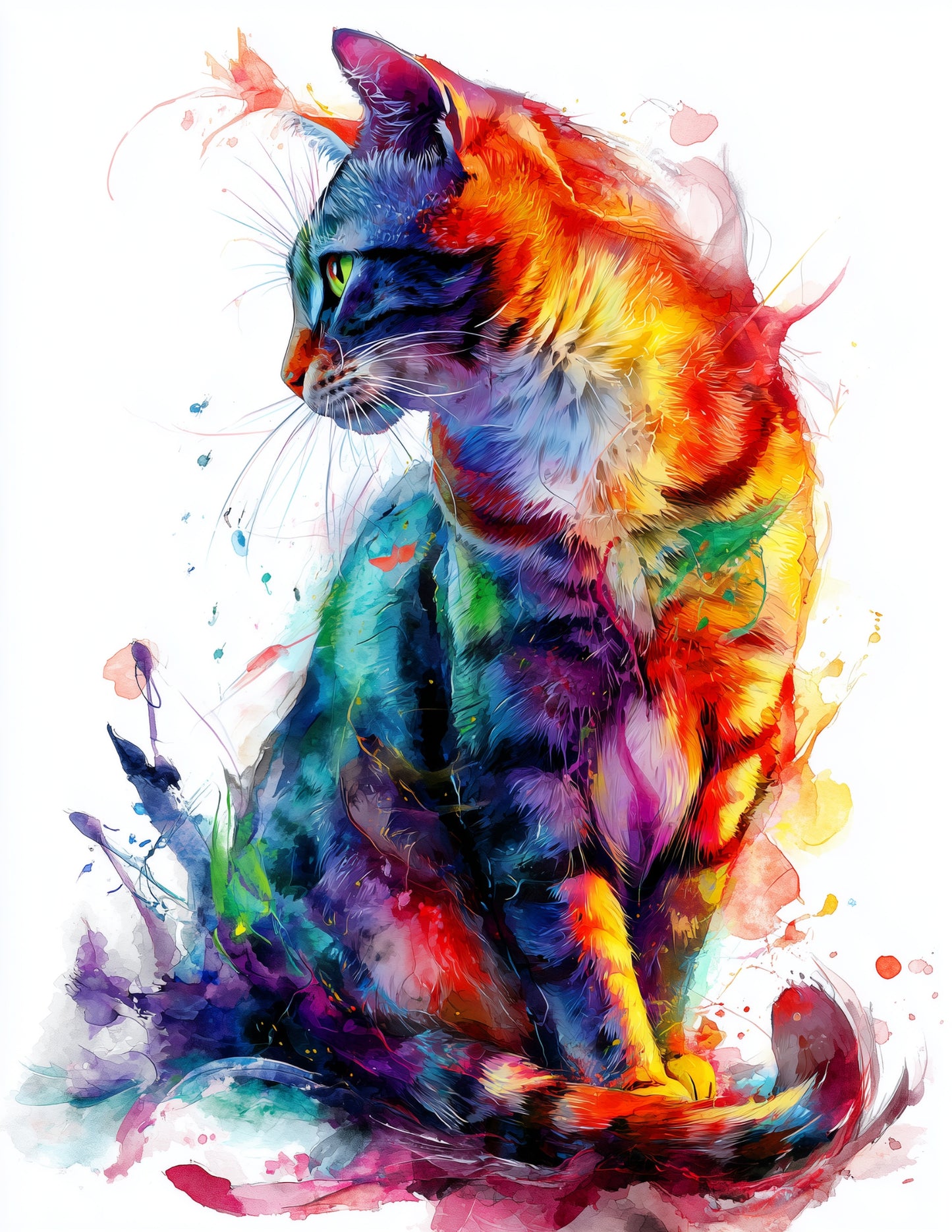 Cat — Watercolor Art, Sapphire Hues Digital Wall Art, 3 Sizes Included, Living Room Decor