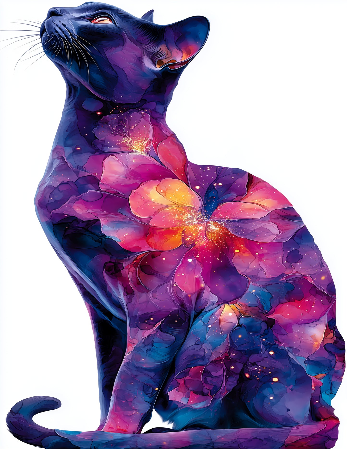 Cat — Watercolor Art, Violet Bloom Digital Wall Art, 3 Sizes Included, Living Room Decor