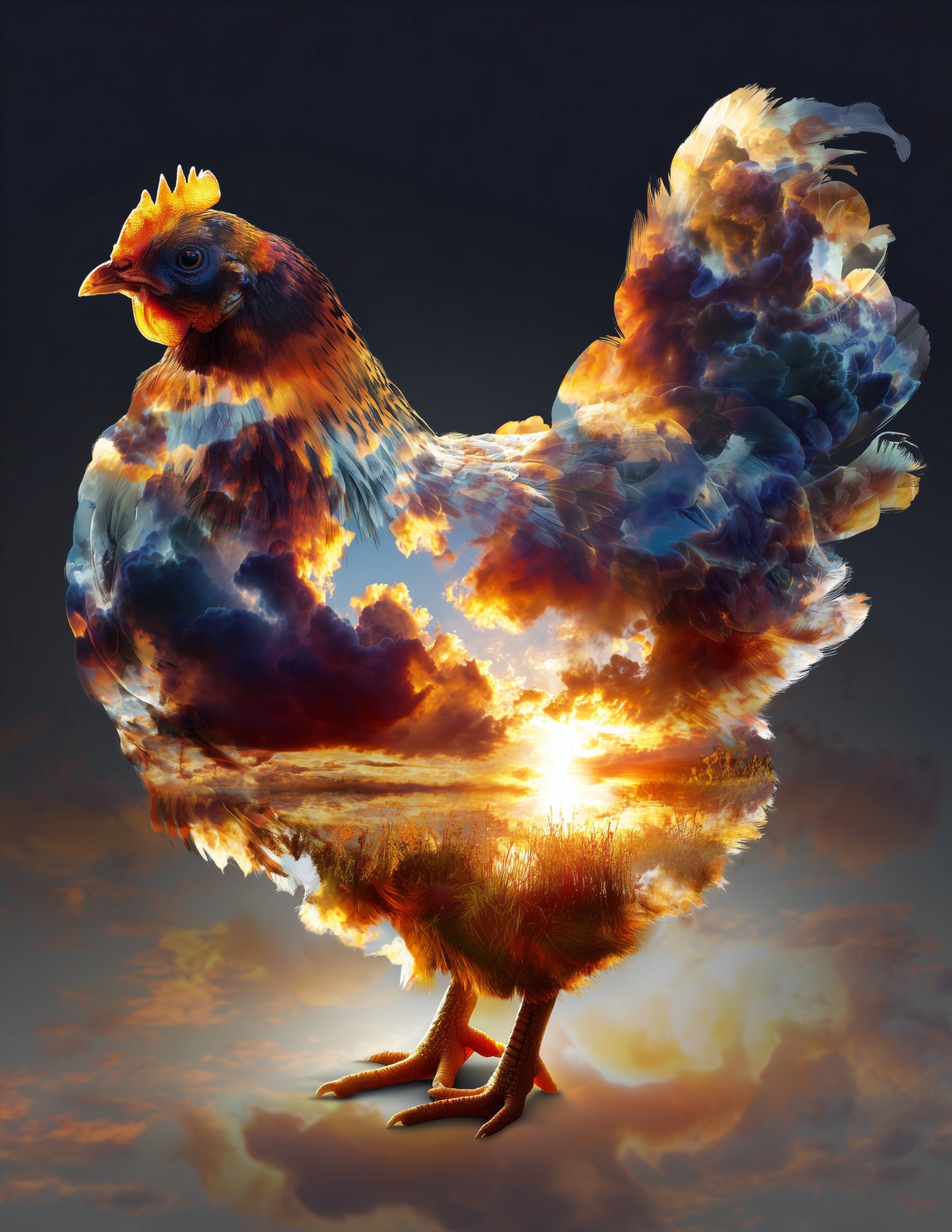 Chicken — Double Exposure Art, Amber Tones Digital Wall Art, 3 Sizes Included, Living Room Decor