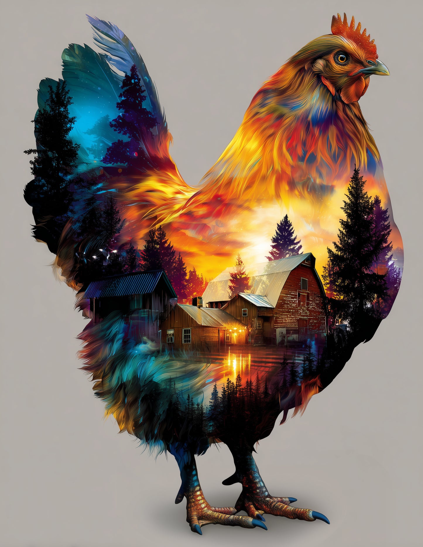 Chicken — Double Exposure Art, Bold Palette Digital Wall Art, 3 Sizes Included, Living Room Decor