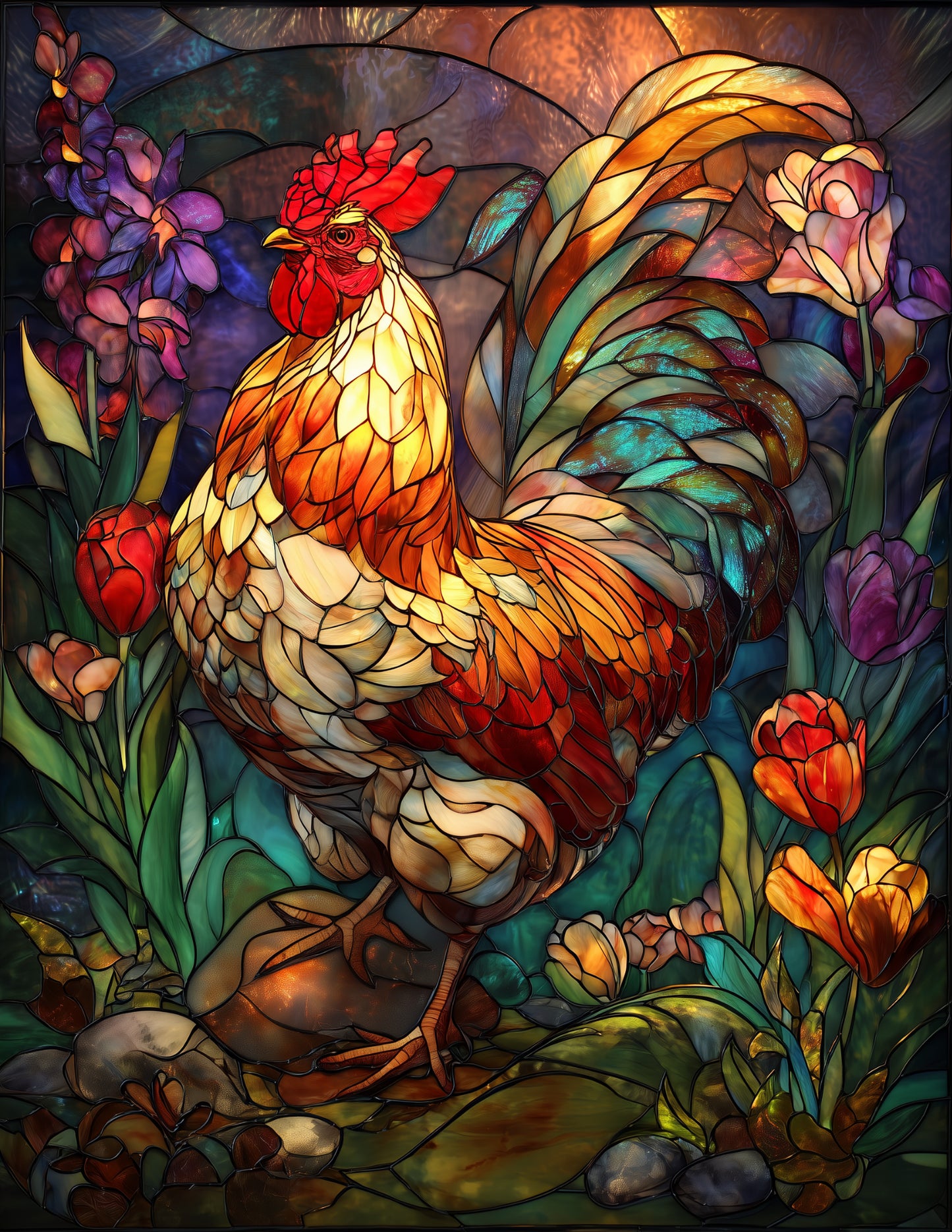 Chicken — Stained Glass Art, Rich Pastels Digital Wall Art, 3 Sizes Included, Living Room Decor