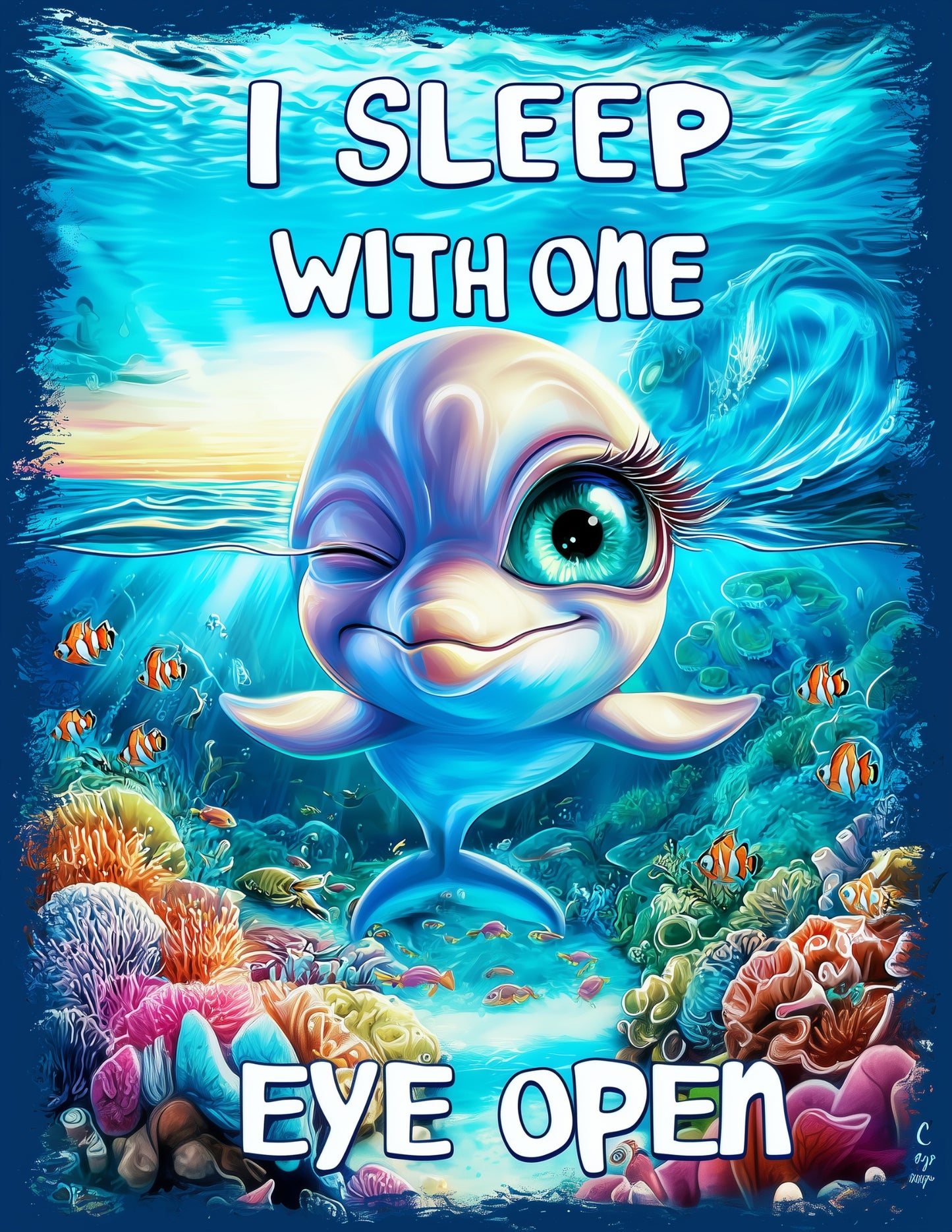 Dolphin — "I sleep with one eye open" Cute Cartoon Art, Calm Gradients Digital Wall Art, 3 Sizes Included, Nursery Decor