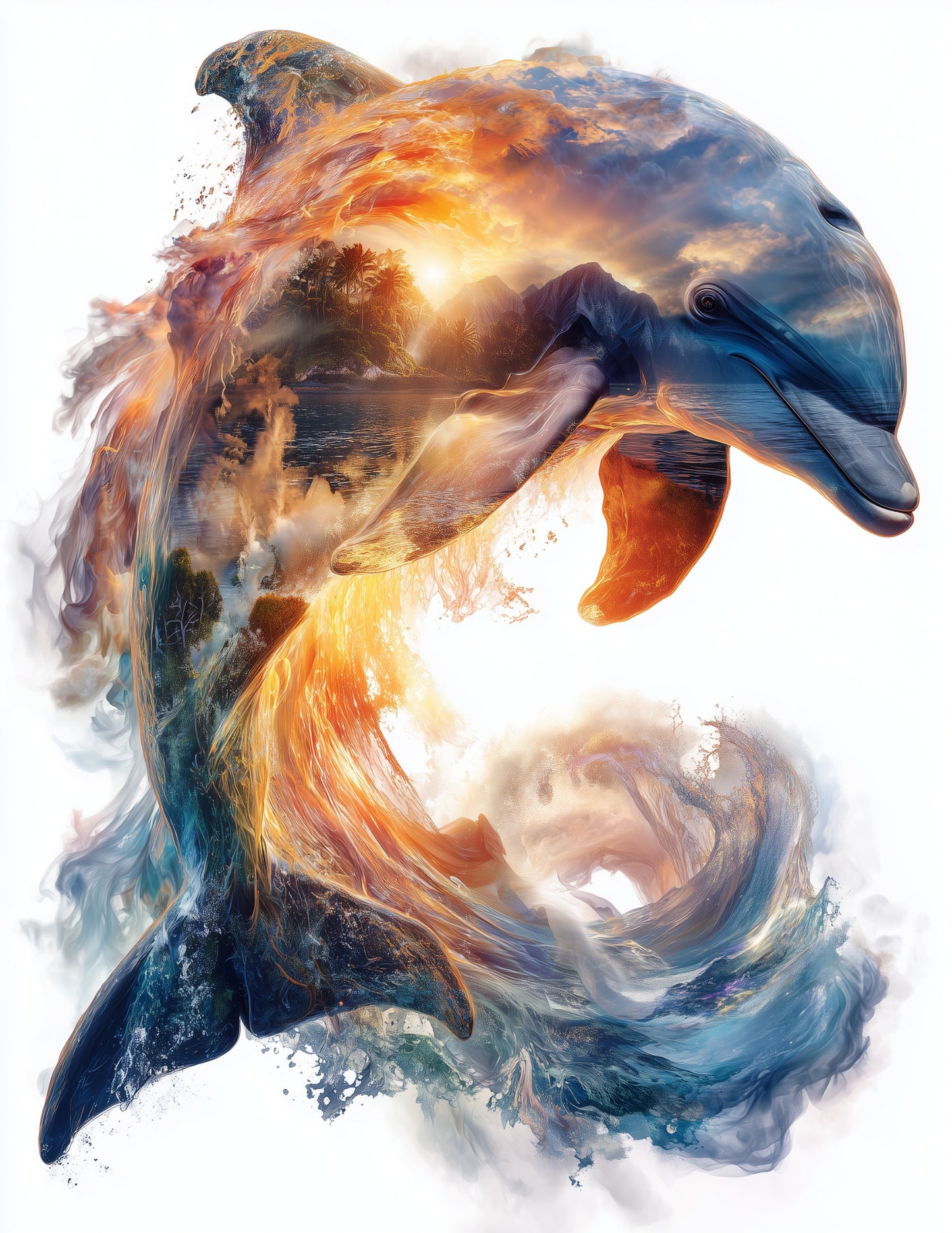 Dolphin Double Exposure Art Sunrise Glow, Digital Wall Art, 3 Sizes Included, Living Room Decor