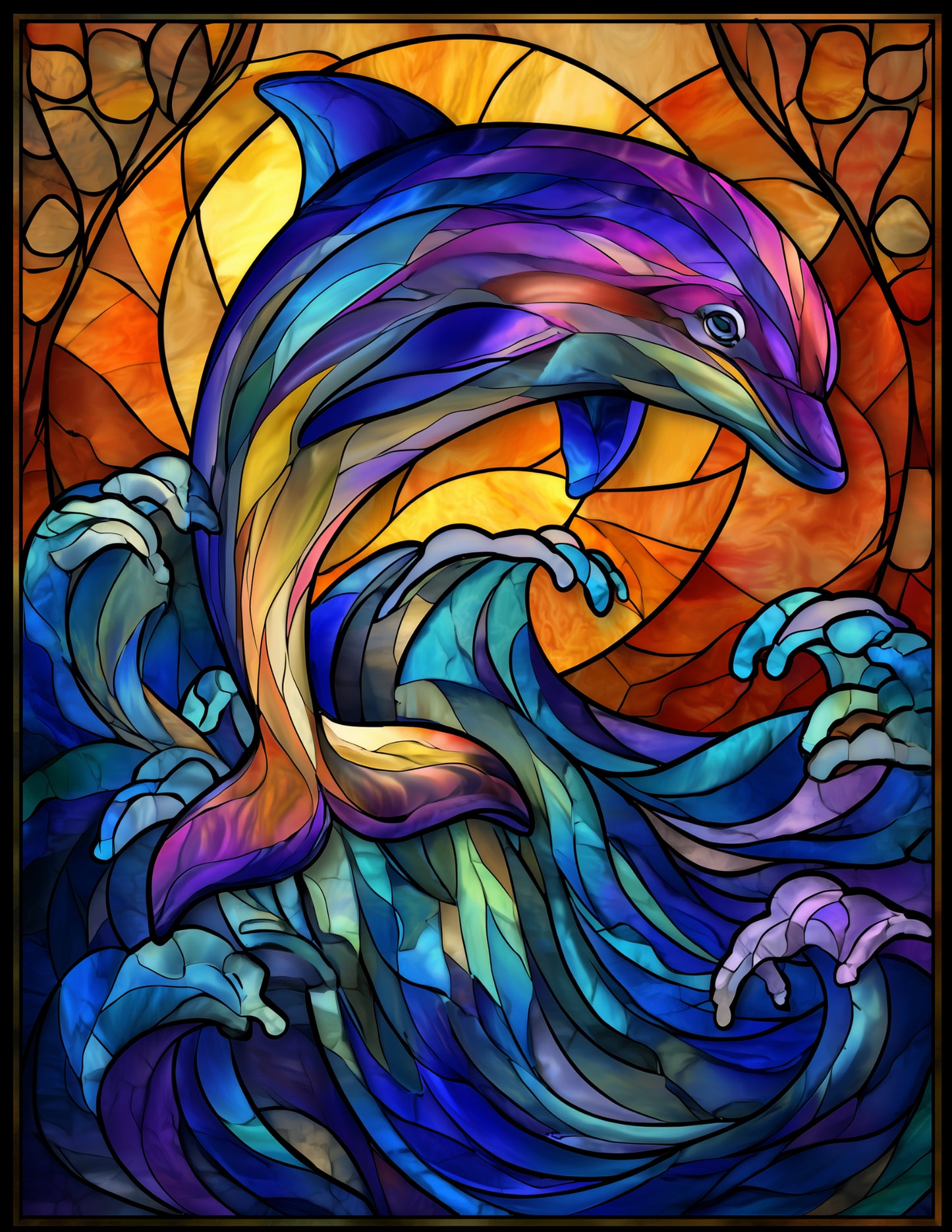 Dolphin — Stained Glass Jump Art, Sunset Tones Digital Wall Art, 3 Sizes Included, Living Room Decor