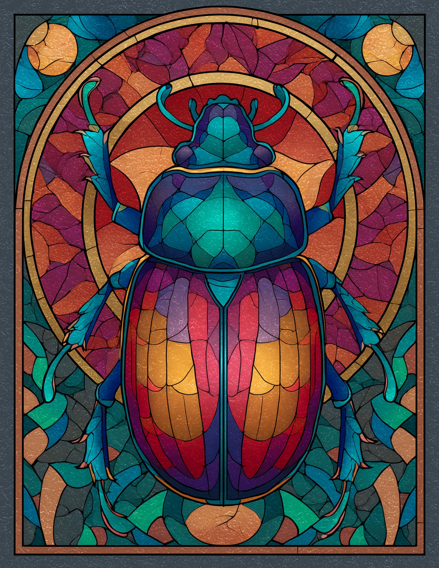 Dung Beetle — Stained Glass Art, Amber Contrast Digital Wall Art, 3 Sizes Included, Living Room Decor