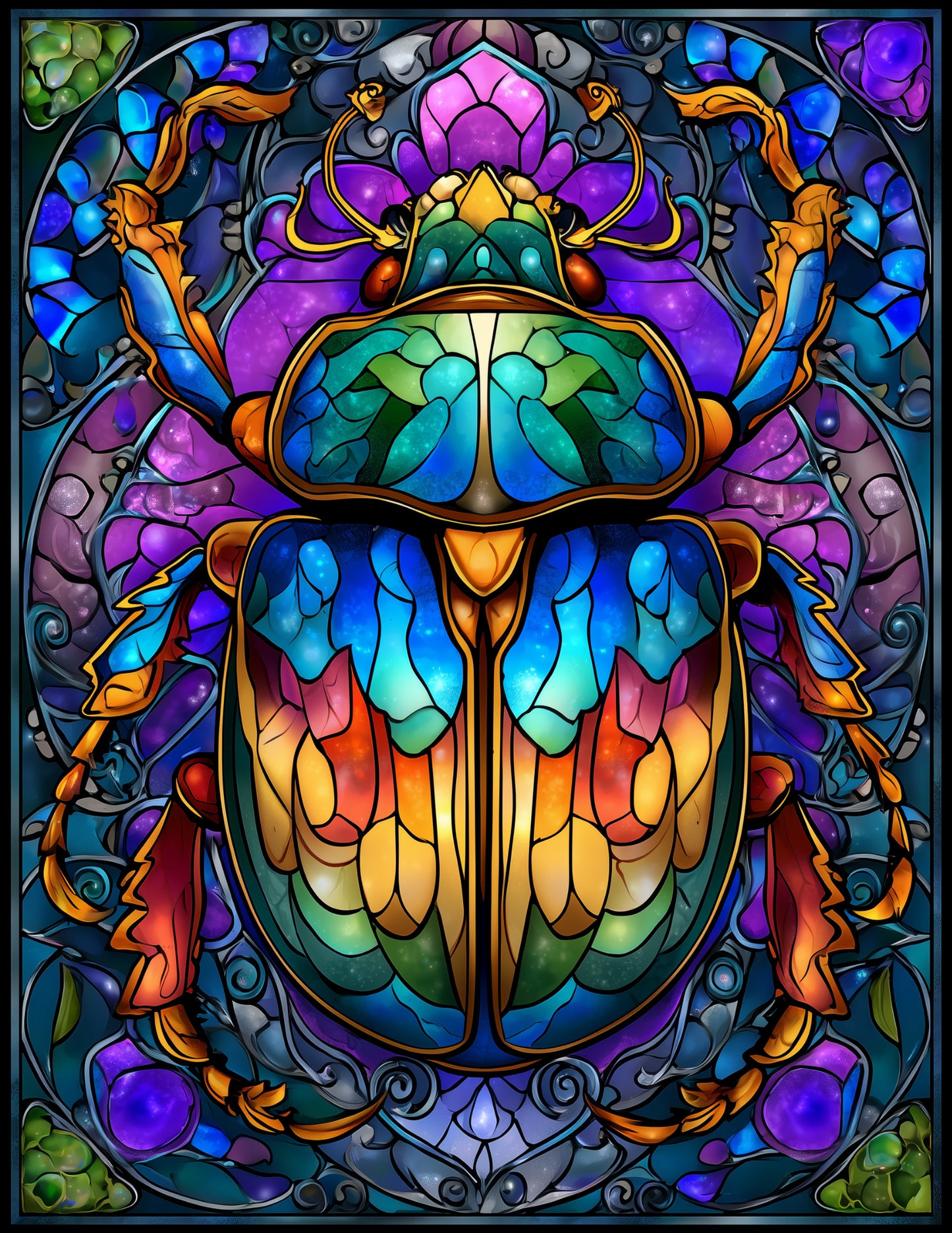 Dung Beetle — Stained Glass Art, Emerald Palette Digital Wall Art, 3 Sizes Included, Living Room Decor