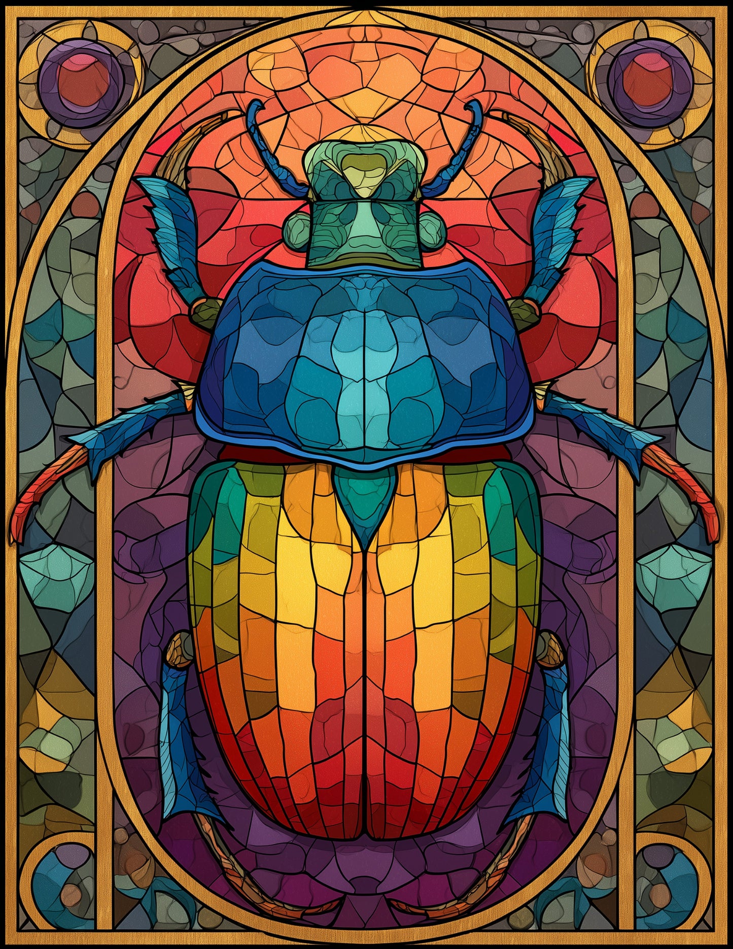 Dung Beetle — Stained Glass Art, Emerald Tones Digital Wall Art, 3 Sizes Included, Living Room Decor