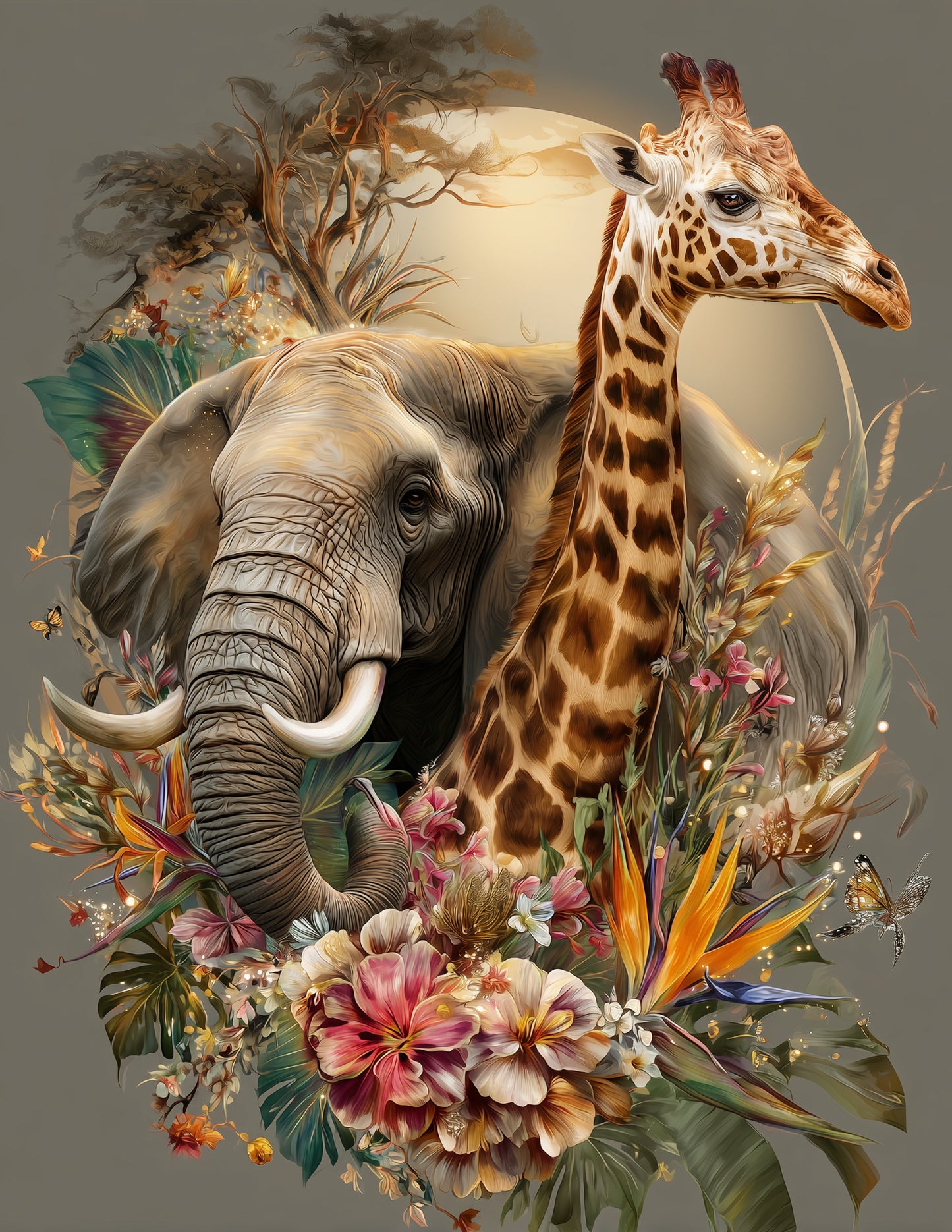 Elephant & Giraffe — Boho Calm Palette Duo Wall Art, 3 Sizes Included, Living Room Decor