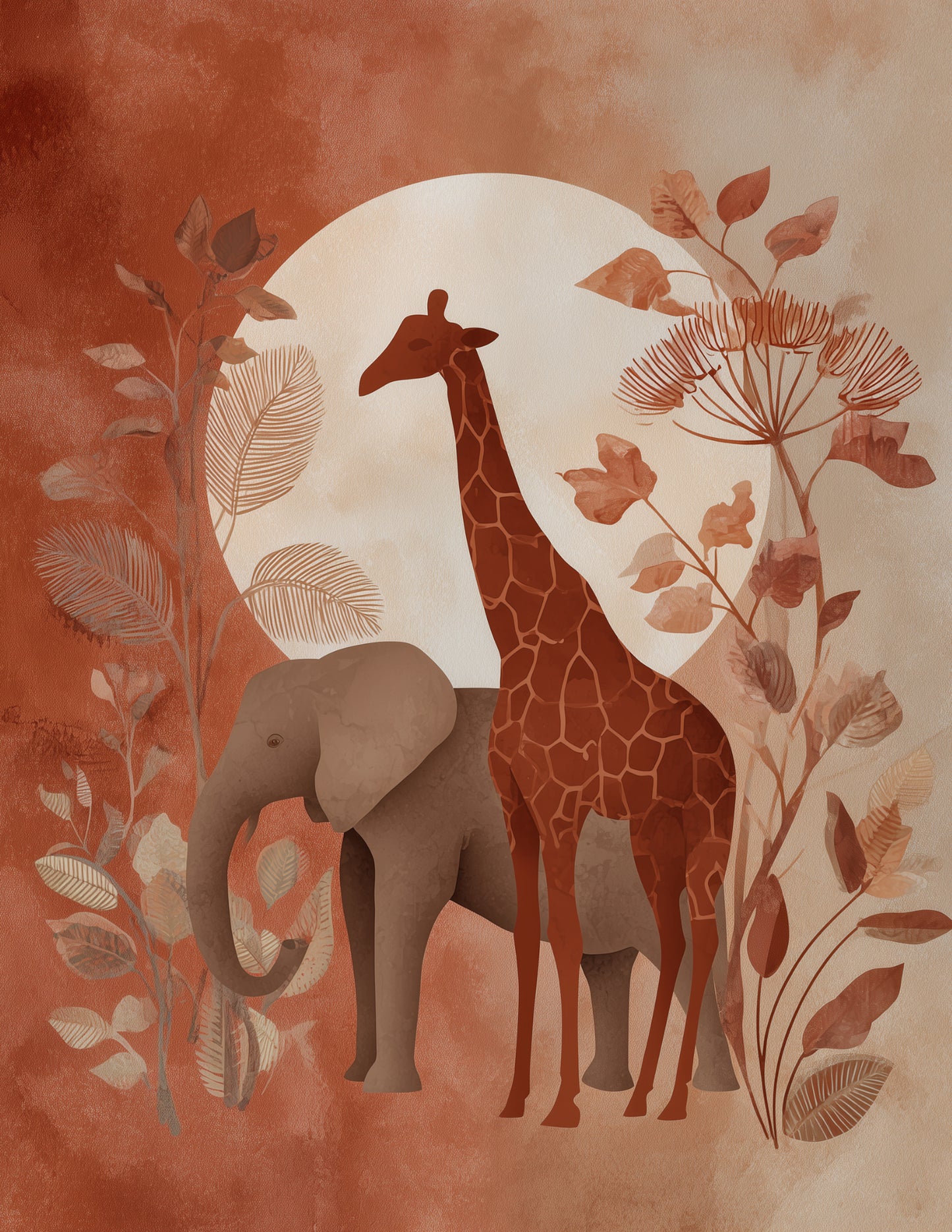 Elephant & Giraffe — Boho Soft Pastels Duo Wall Art, 3 Sizes Included, Living Room Decor