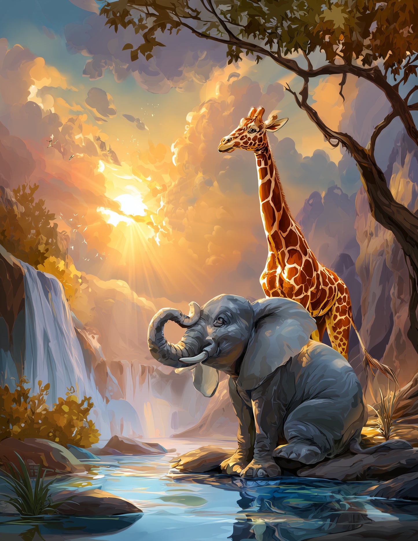 Elephant & Giraffe — Cute Cartoon Soft Contrast Duo Wall Art, 3 Sizes Included, Nursery Decor