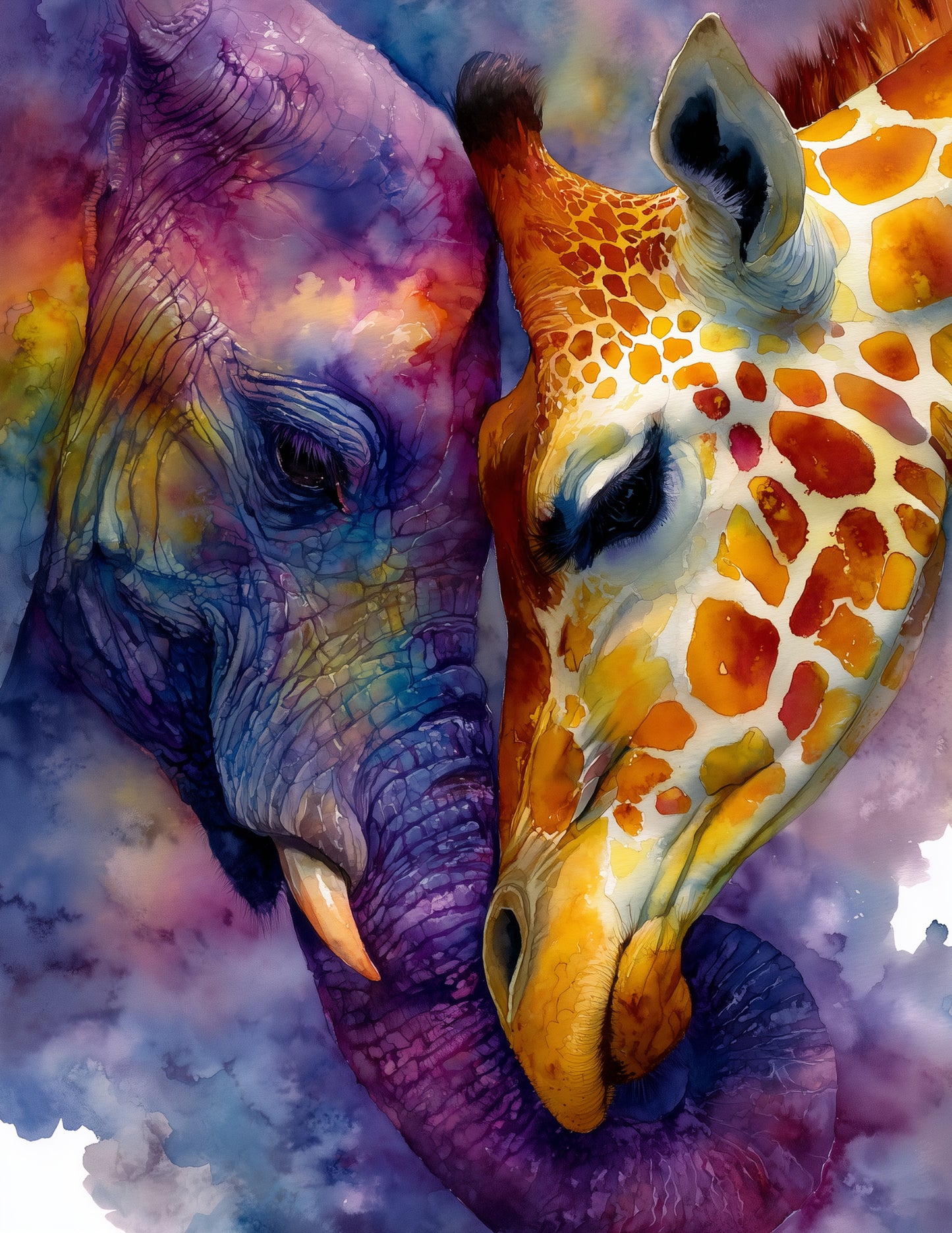 Elephant & Giraffe — Watercolor Amber Hues Duo Wall Art, 3 Sizes Included, Living Room Decor