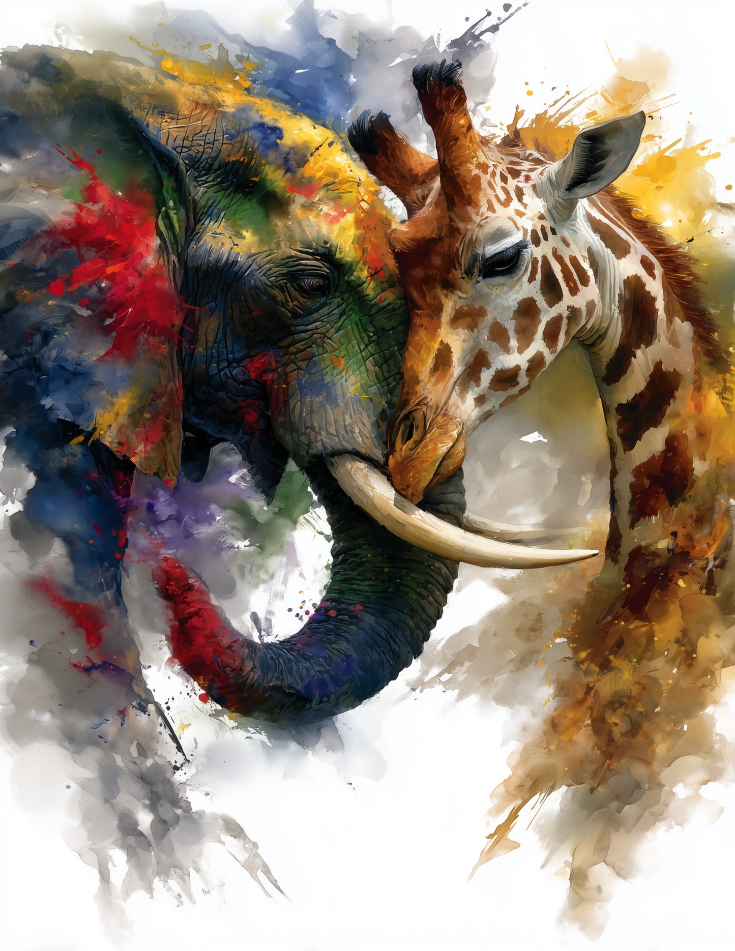 Elephant & Giraffe — Watercolor Bold Contrast Duo Wall Art, 3 Sizes Included, Living Room Decor