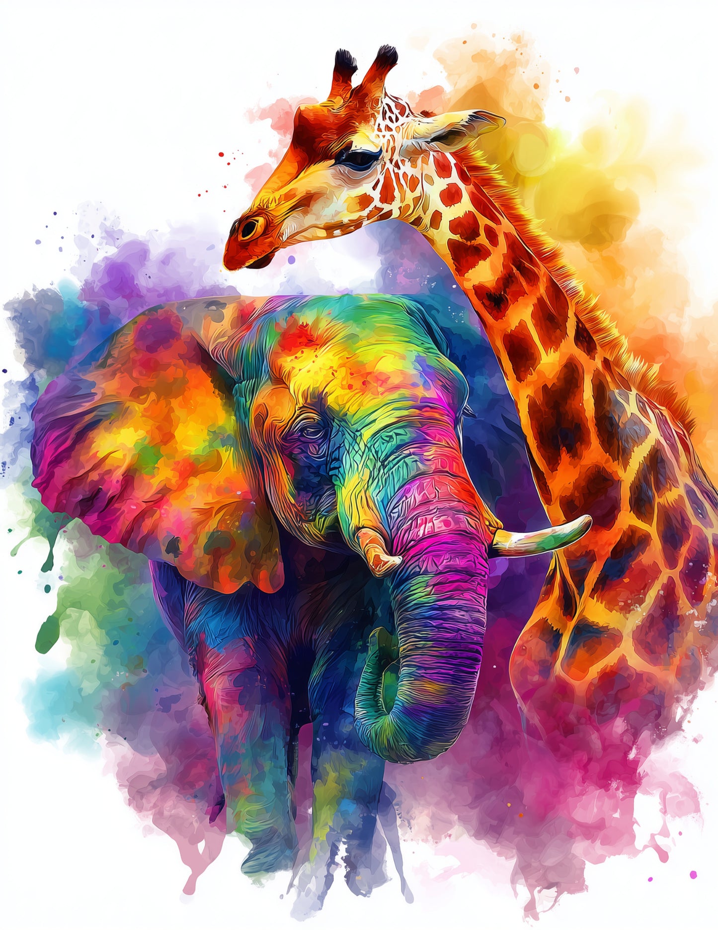 Elephant & Giraffe — Watercolor Calm Palette Duo Wall Art, 3 Sizes Included, Living Room Decor