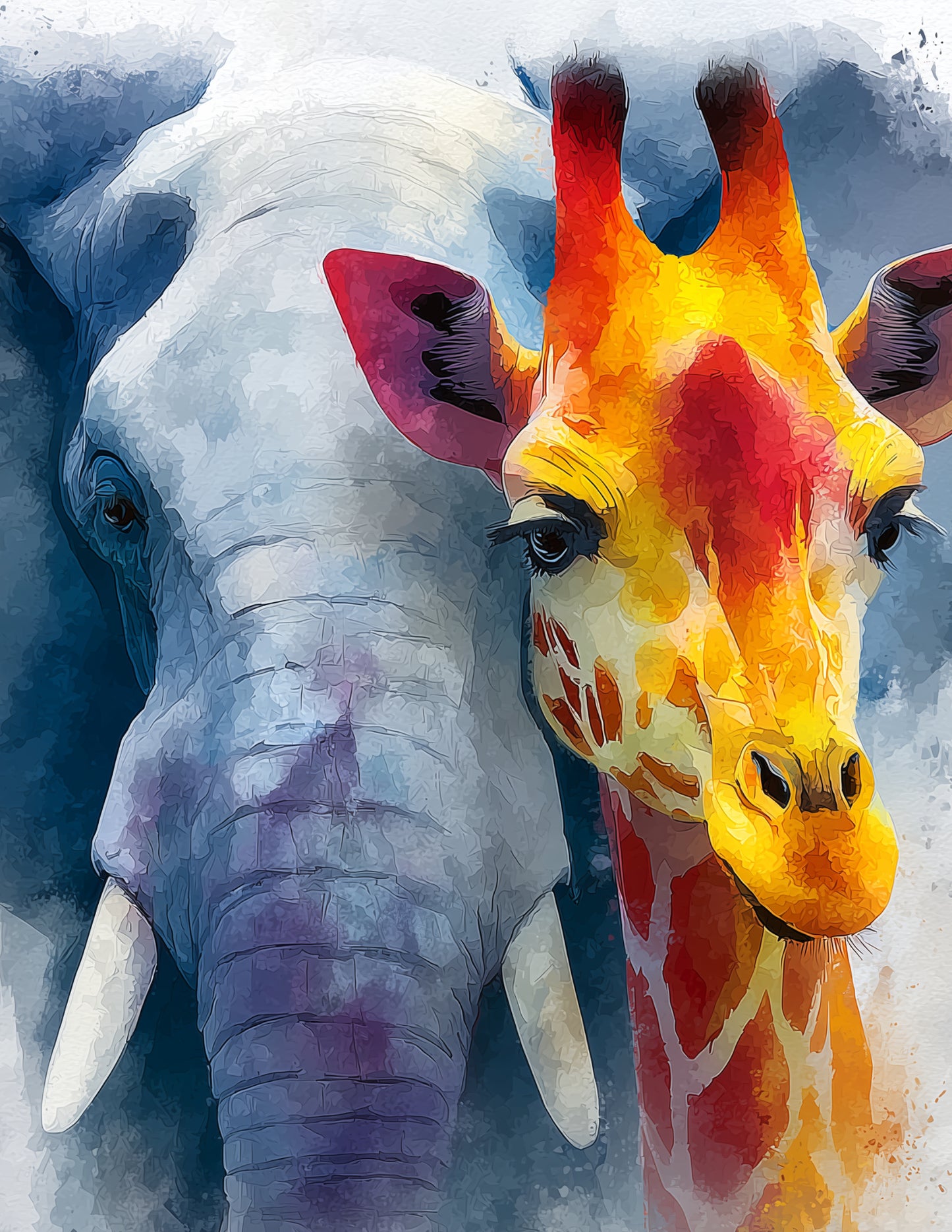 Elephant & Giraffe — Watercolor Serene Pastels Duo Wall Art, 3 Sizes Included, Living Room Decor