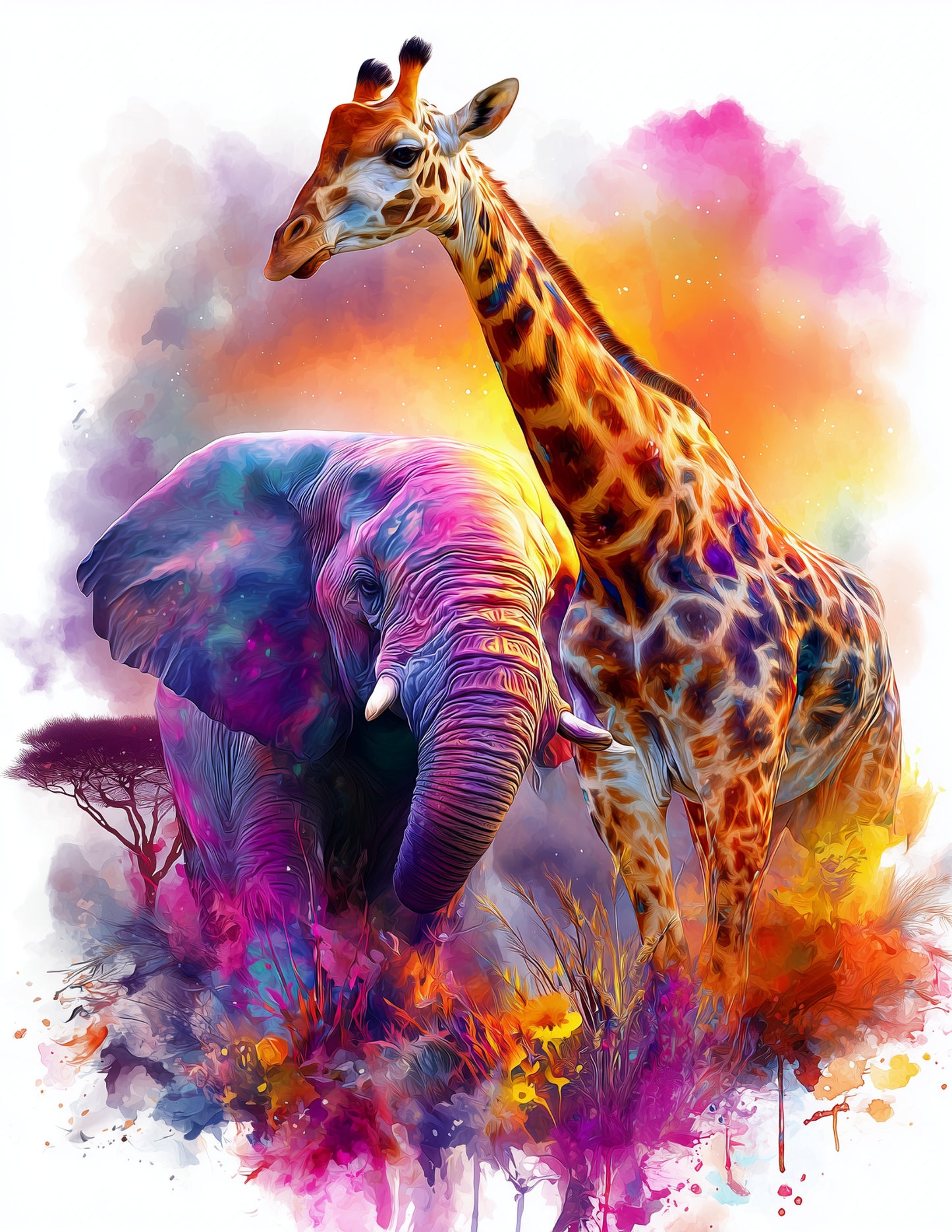 Elephant & Giraffe — Watercolor Sunset Tones Duo Wall Art, 3 Sizes Included, Living Room Decor