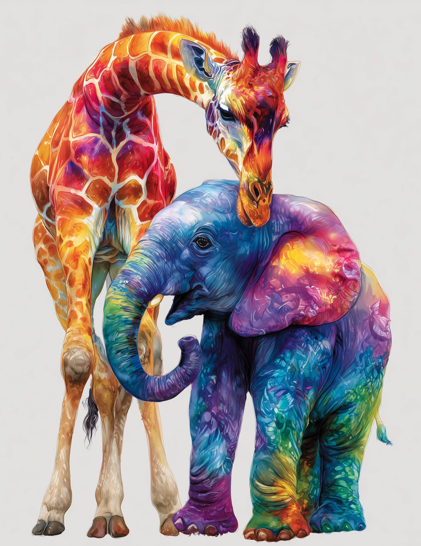 Elephant & Giraffe — Watercolor Vibrant Palette Duo Wall Art, 3 Sizes Included, Living Room Decor