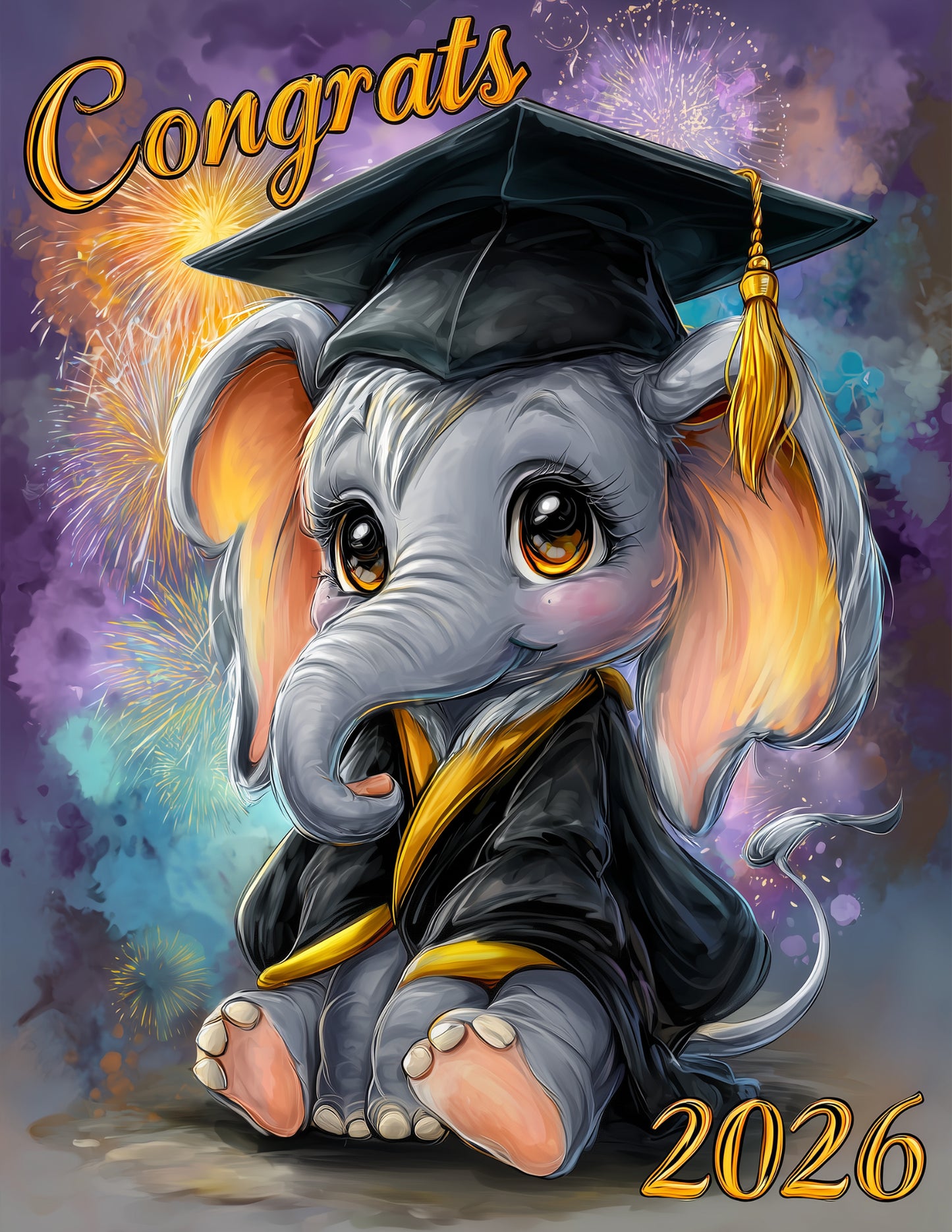 Elephant — Graduation Cute Cartoon Art, Warm Pastels Digital Wall Art, 3 Sizes Included, Nursery Decor