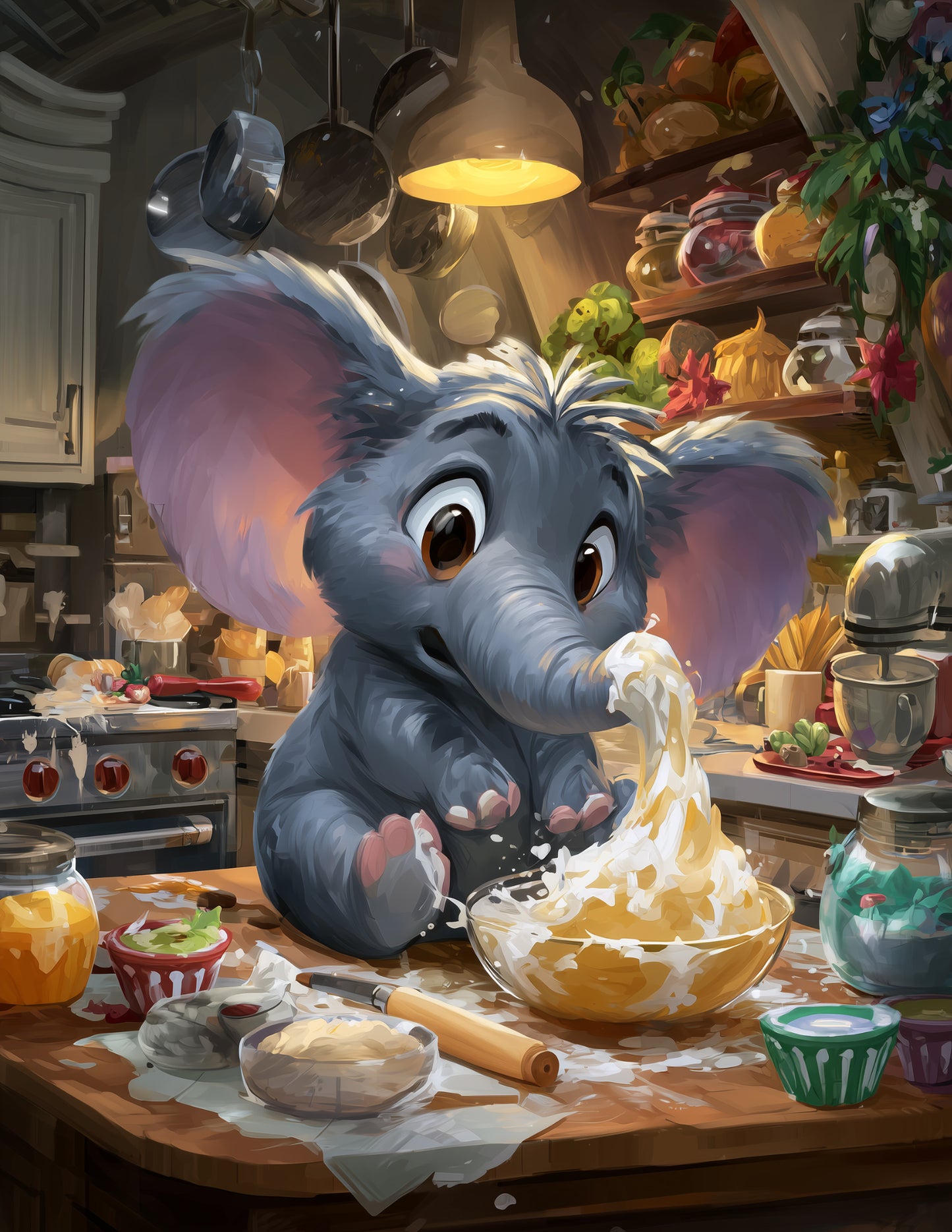 Elephant — Cute Cartoon Cooking Art, Warm Tones Digital Wall Art, 3 Sizes Included, Nursery Decor