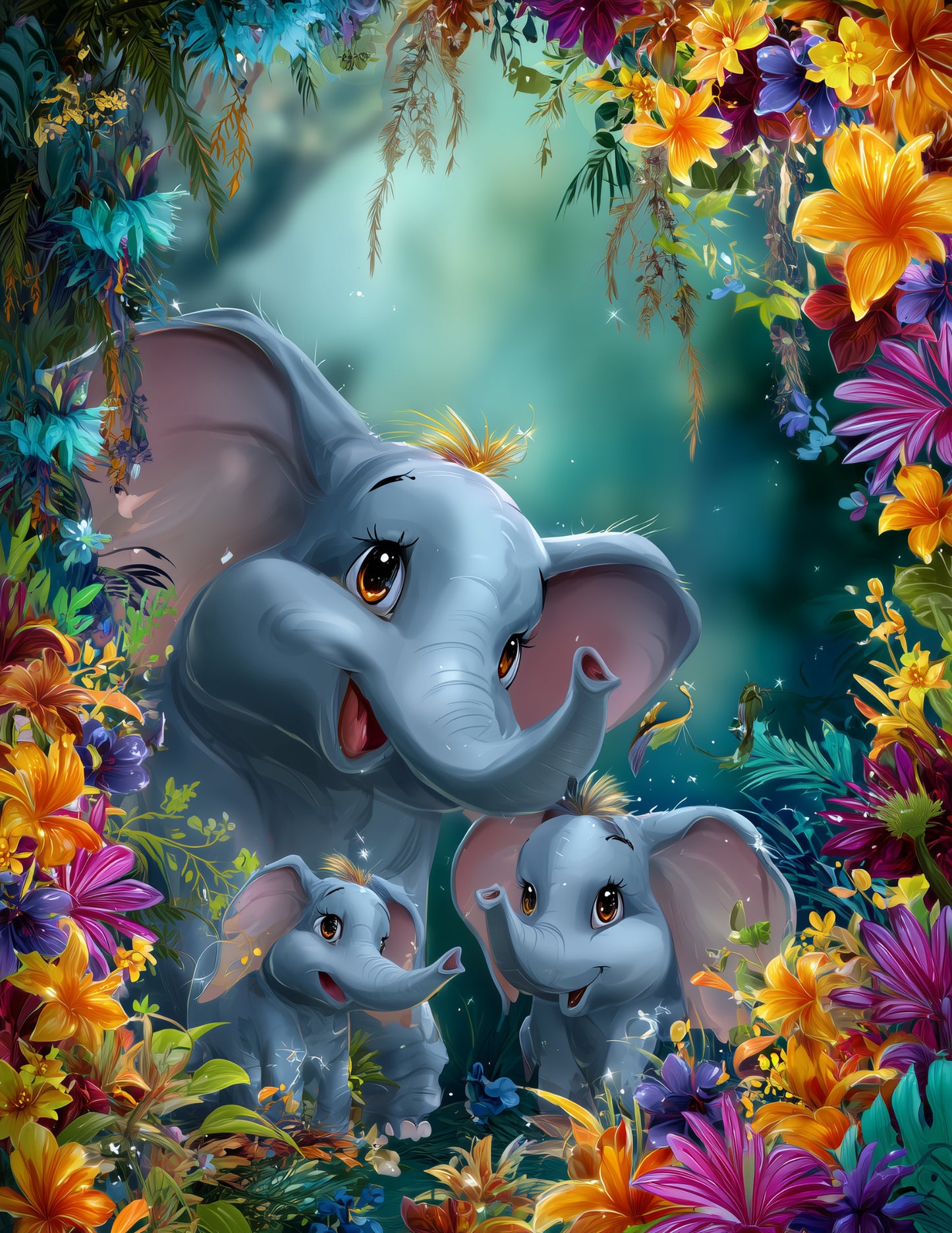 Elephant — Cute Cartoon Family Art, Layered Hues Digital Wall Art, 3 Sizes Included, Nursery Decor