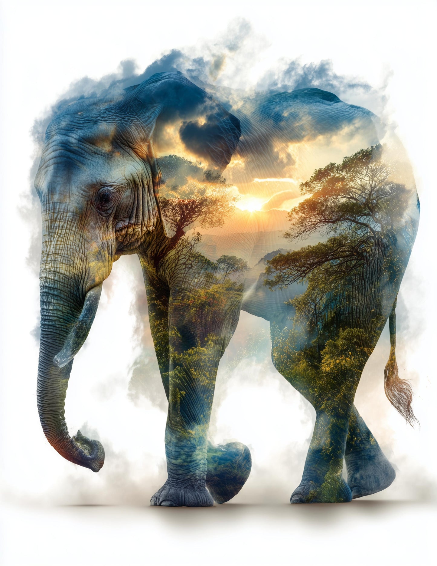 Elephant — Double Exposure Art, Sunrise Blend Digital Wall Art, 3 Sizes Included, Living Room Decor