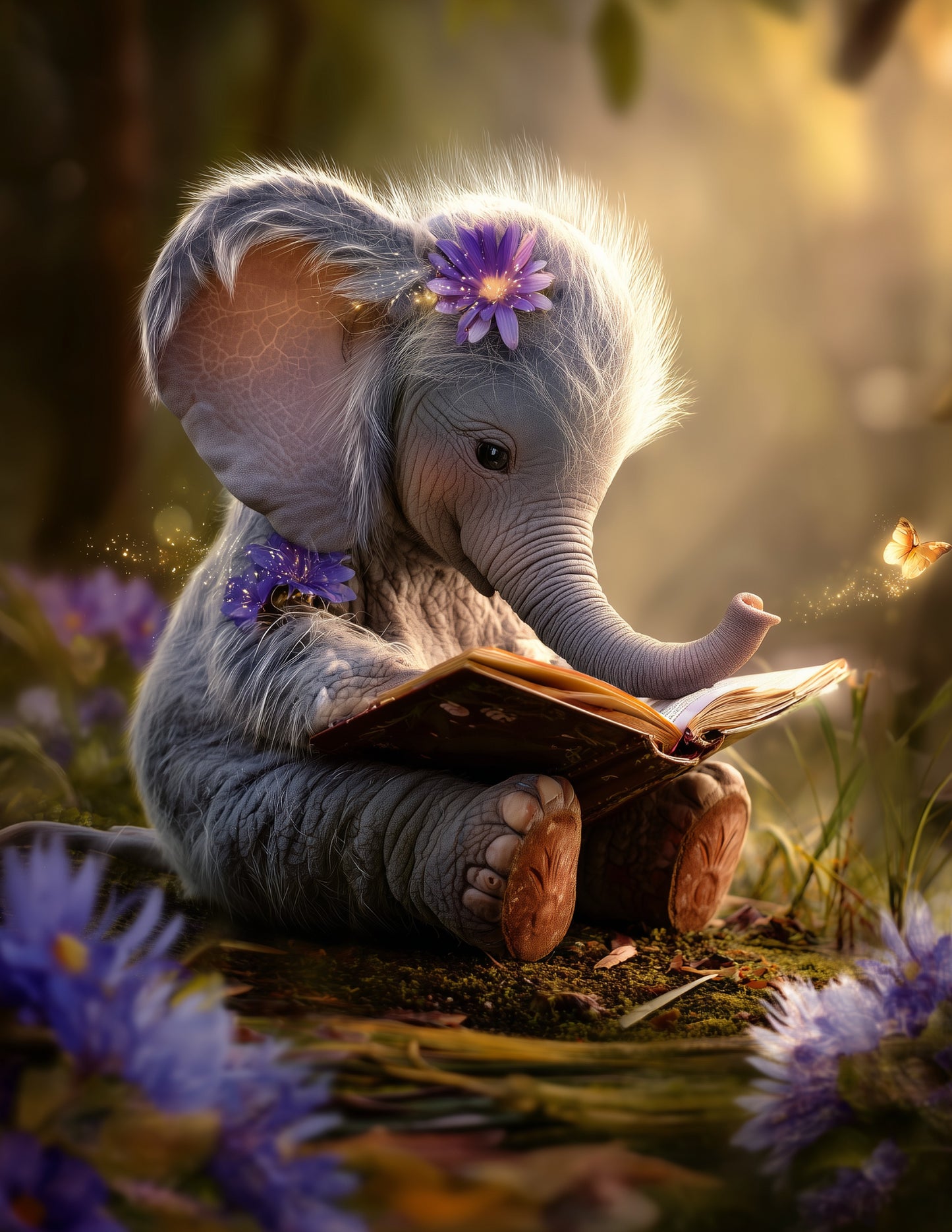 Elephant — Fantasy Reading Art, Vibrant Palette Digital Wall Art, 3 Sizes Included, Nursery Room Decor