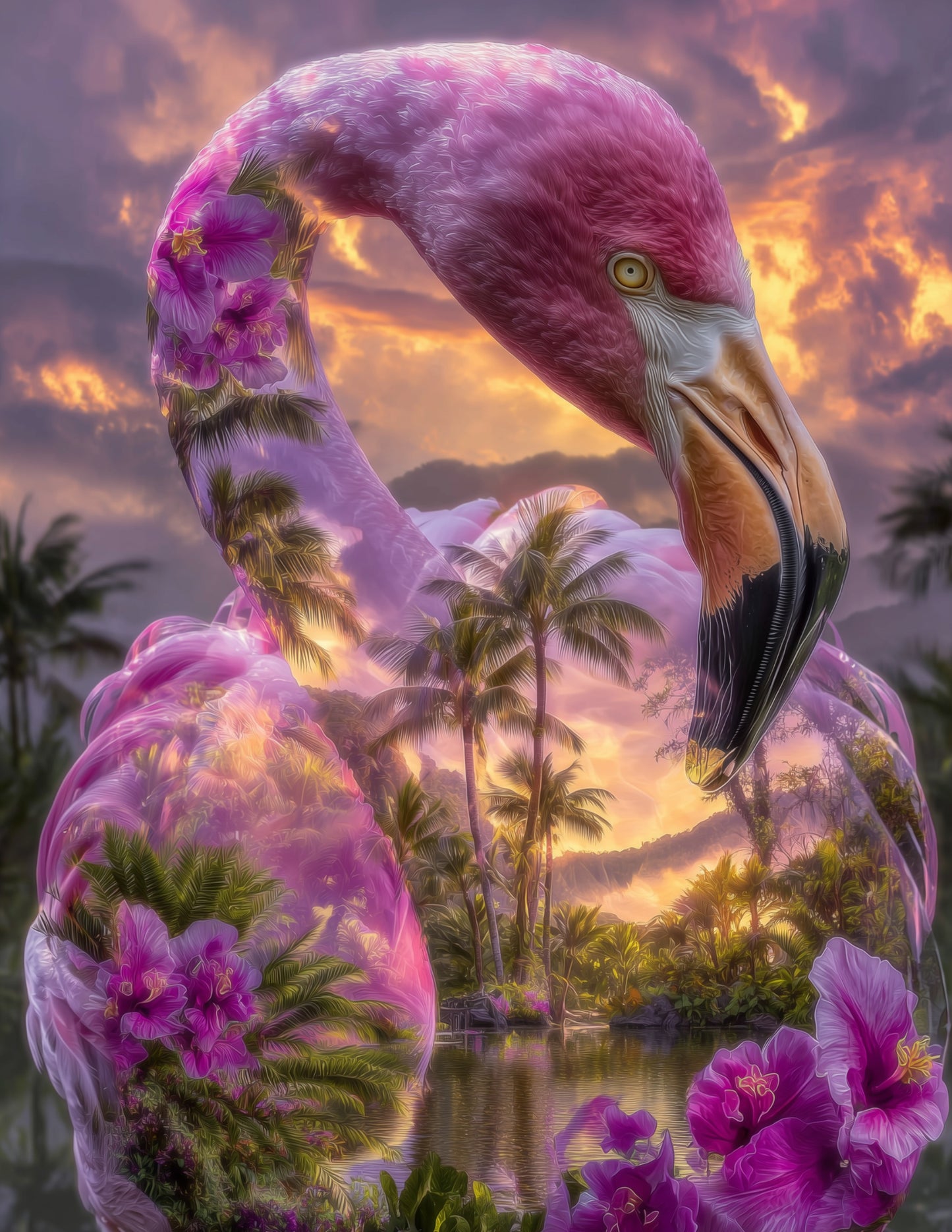 Flamingo — Double Exposure Art, Rich Tones Digital Wall Art, 3 Sizes Included, Living Room Decor