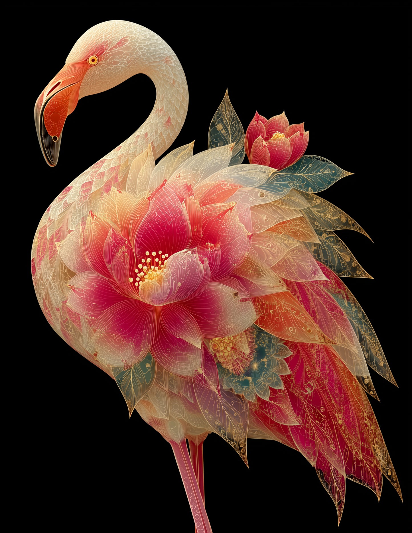 Flamingo — Fractal Filigree Art, Vivid Hues Digital Wall Art, 3 Sizes Included, Living Room Decor