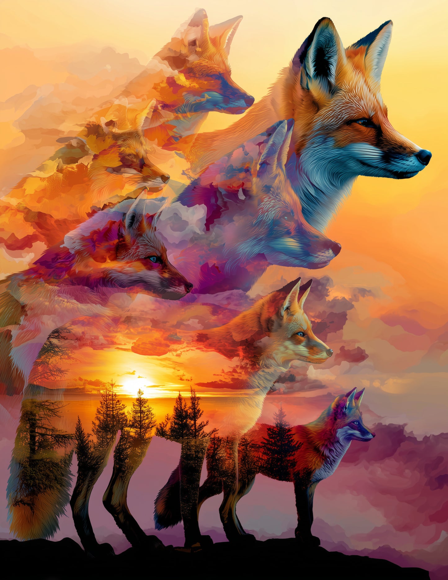 Fox — Double Exposure Pack Art, Subtle Transitions Digital Wall Art, 3 Sizes Included, Living Room Decor