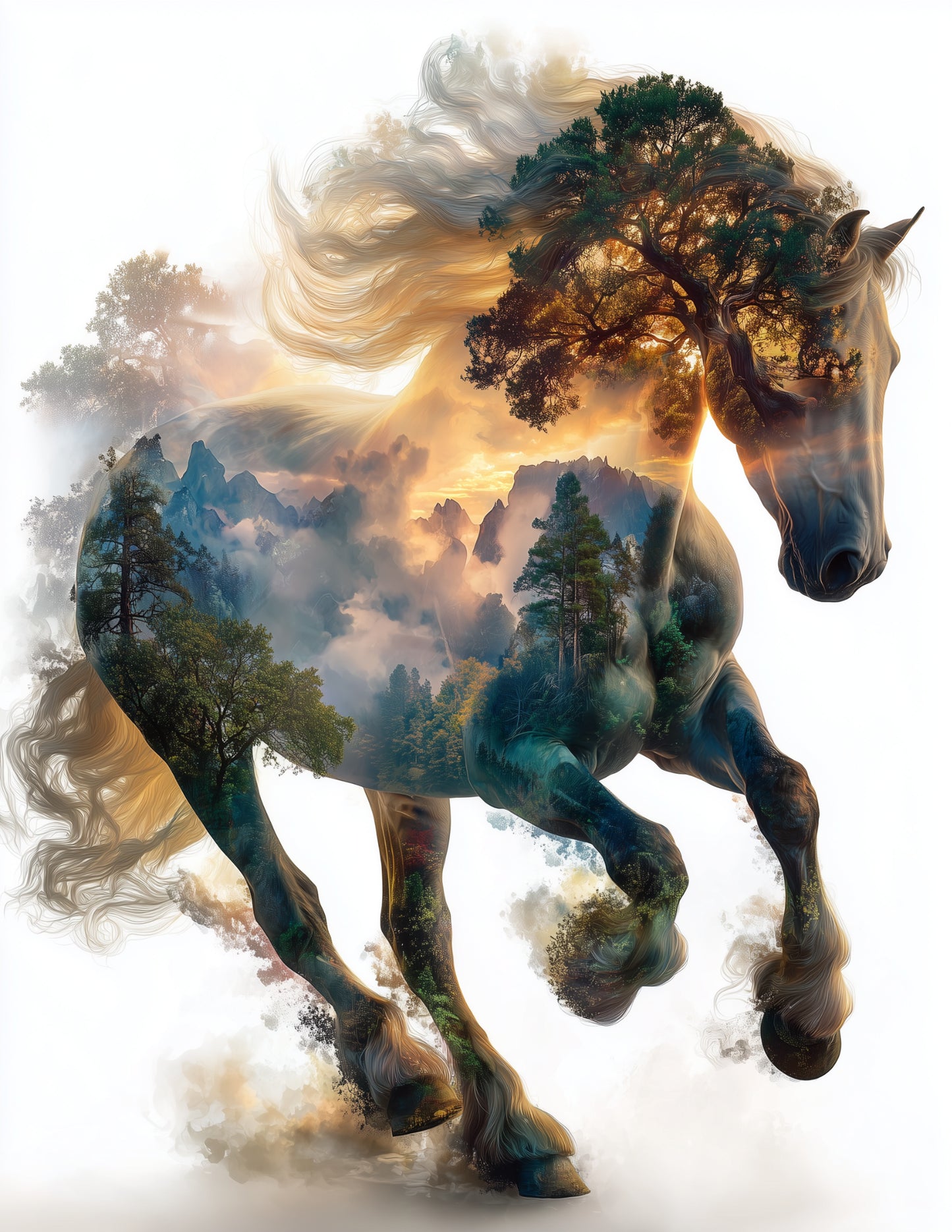 Horse — Double Exposure Art, Forest Mist Digital Wall Art, 3 Sizes Included, Living Room Decor