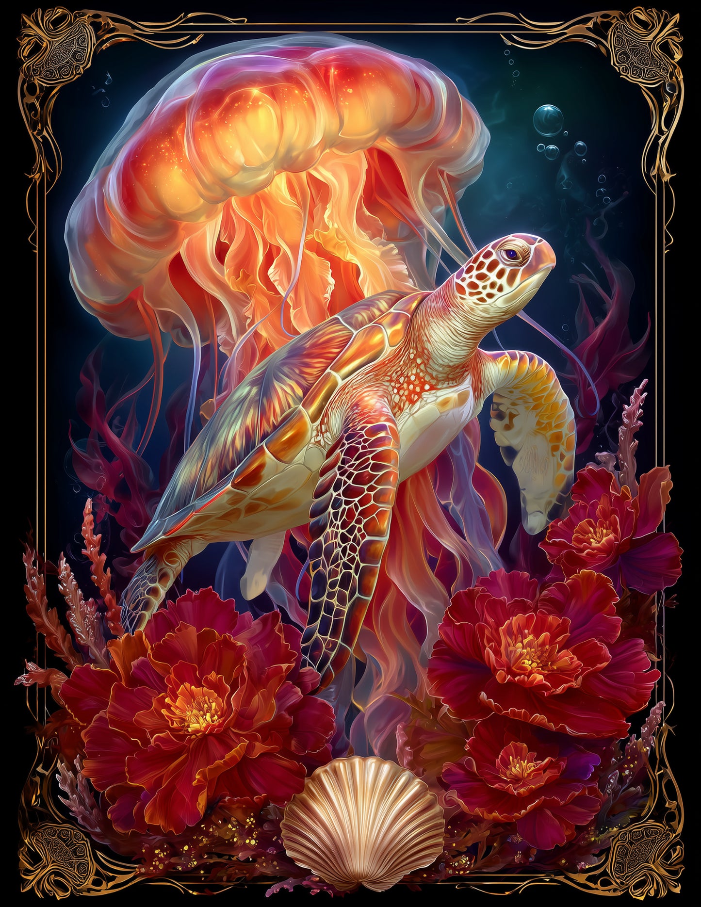 Immortal Jellyfish & Sea Turtle — Boho Coral Tones Duo Wall Art, 3 Sizes Included, Living Room Decor