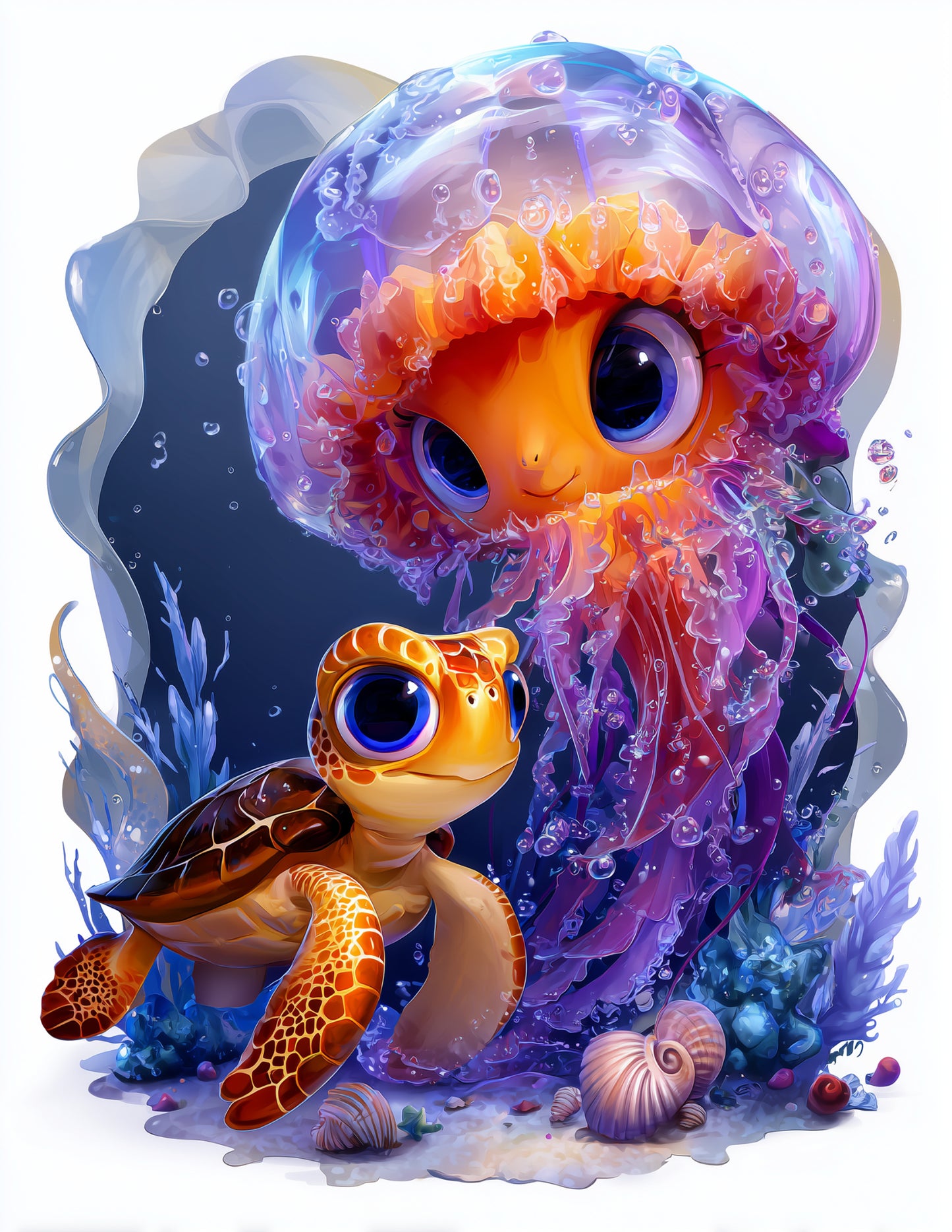 Immortal Jellyfish & Sea Turtle — Cute Cartoon Dreamy Hues Duo Wall Art, 3 Sizes Included, Nursery Decor