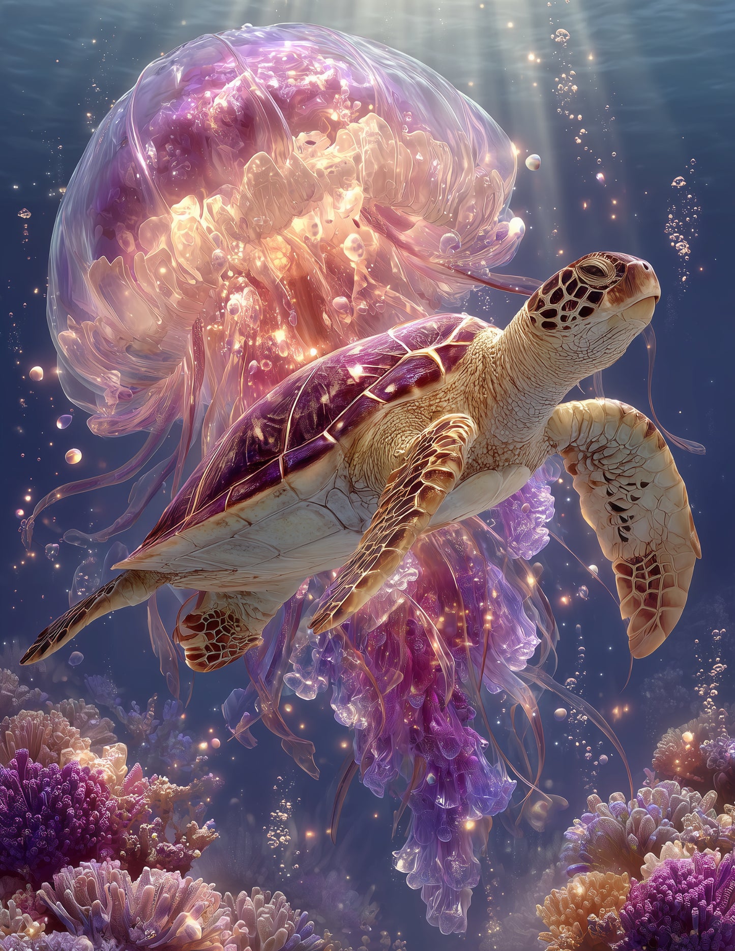 Immortal Jellyfish & Sea Turtle — Fantasy Dreamy Hues Duo Wall Art, 3 Sizes Included, Living Room Decor