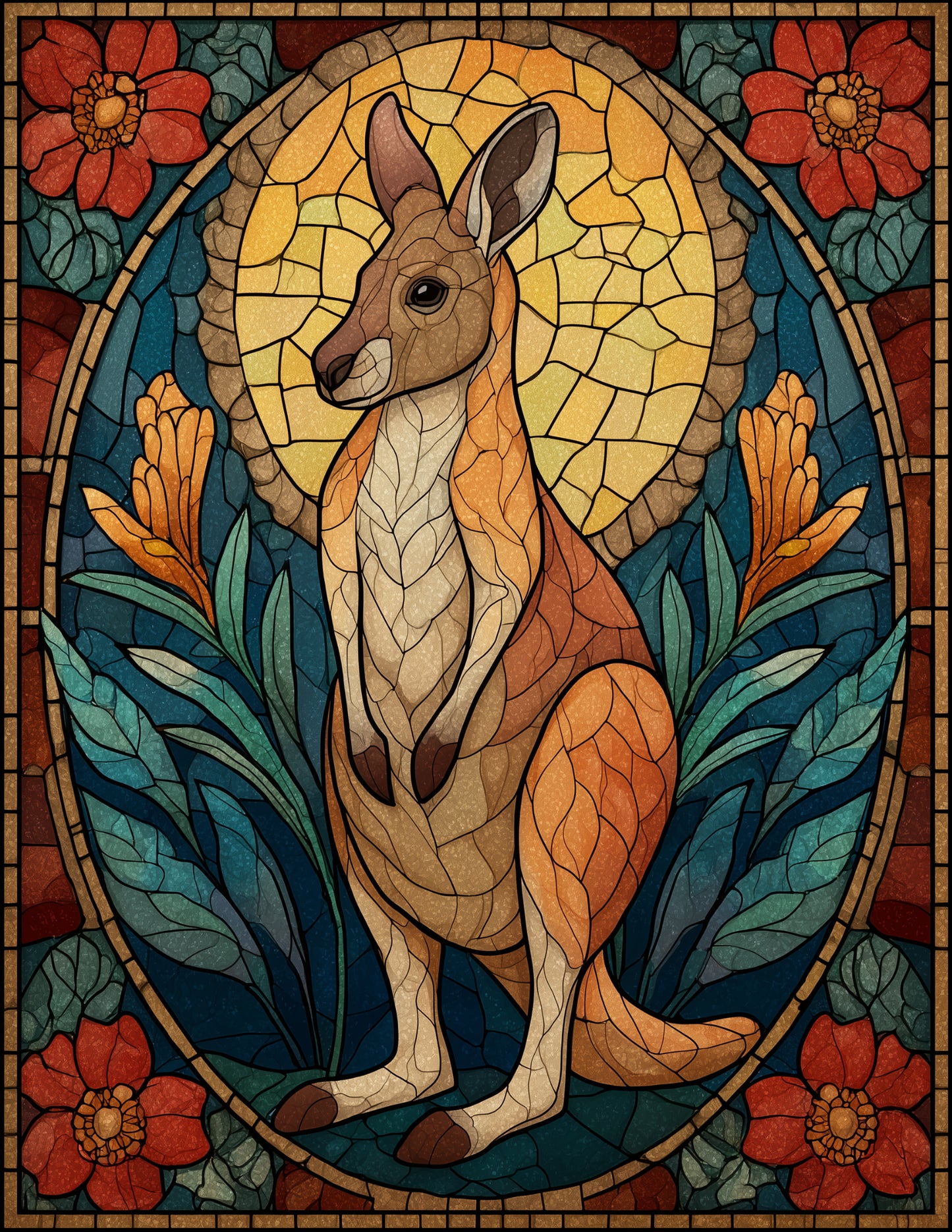 Kangaroo — Stained Glass Art, Balanced Tones Digital Wall Art, 3 Sizes Included, Living Room Decor