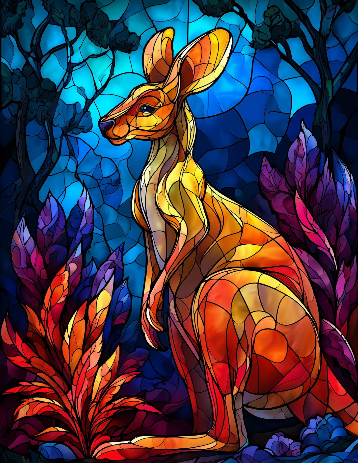 Kangaroo — Stained Glass Art, Bold Contrast Digital Wall Art, 3 Sizes Included, Living Room Decor