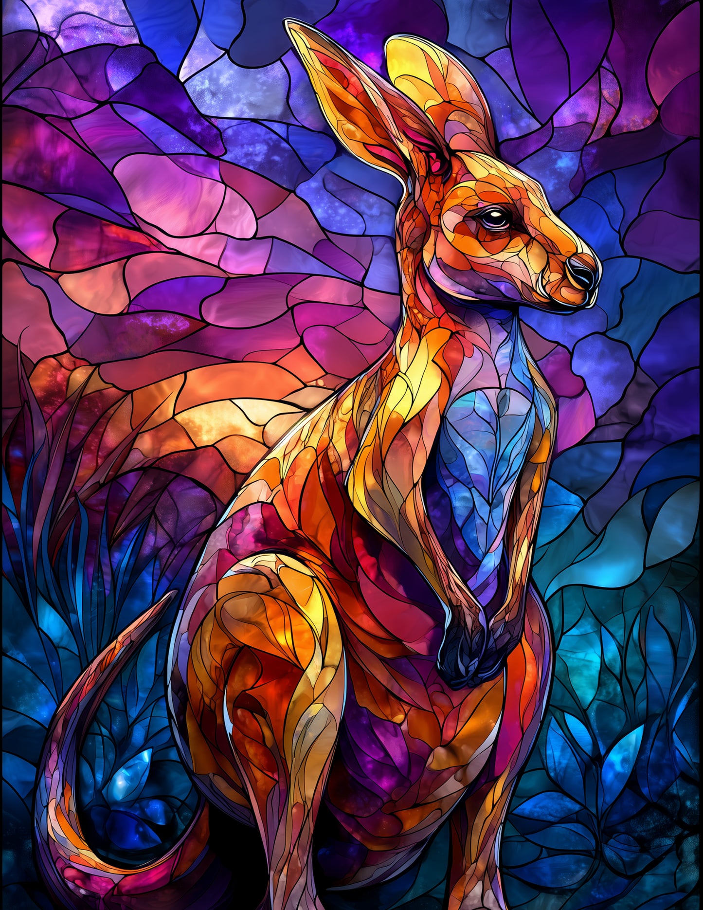 Kangaroo — Stained Glass Art, Vibrant Palette Digital Wall Art, 3 Sizes Included, Living Room Decor