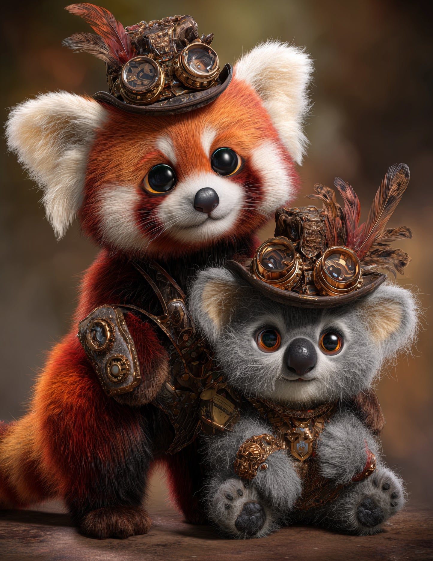 Koala & Red Panda — Steampunk Bold Contrast Duo Wall Art, 3 Sizes Included, Living Room Decor