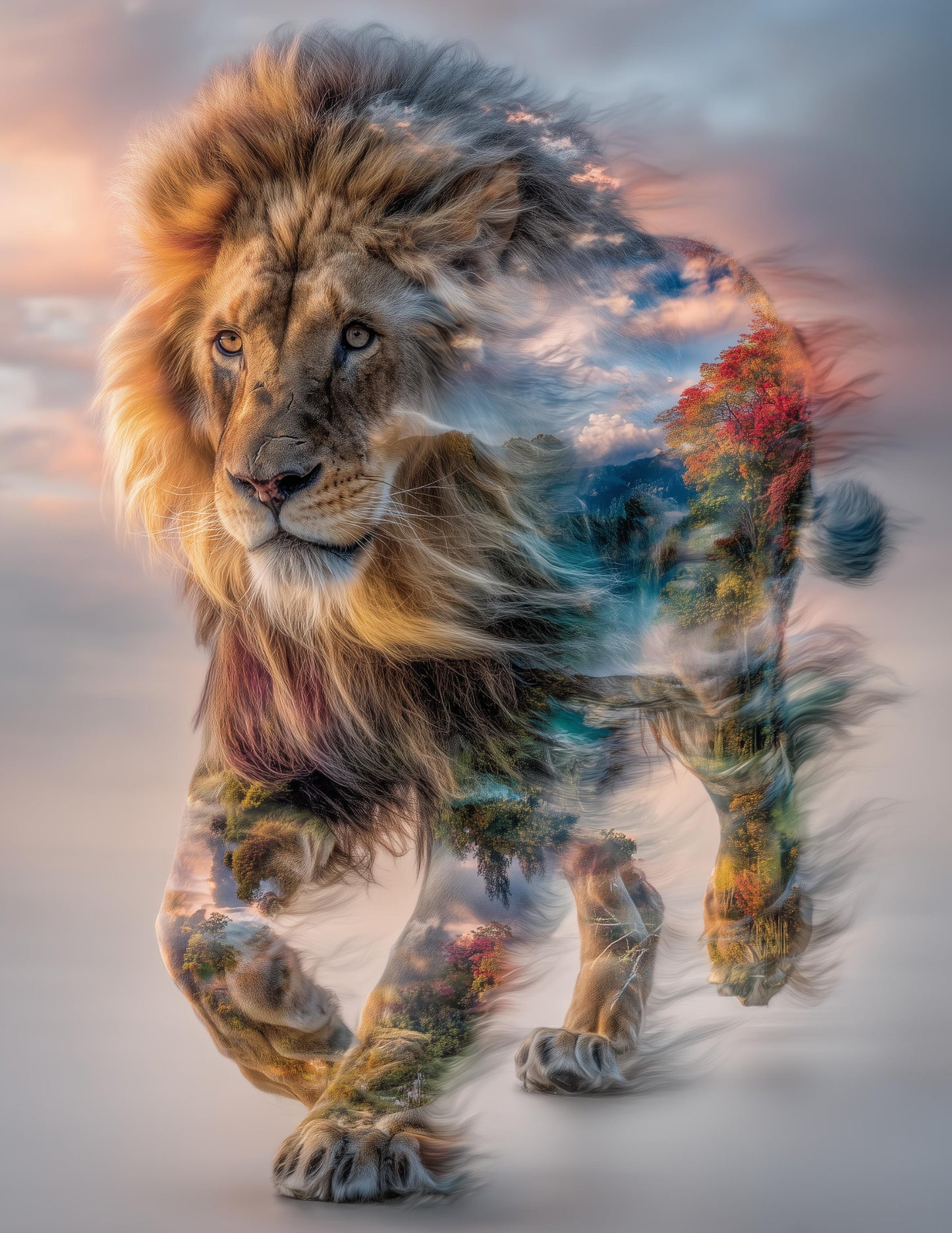 Lion — Double Exposure Art, Sunset Bloom Digital Wall Art, 3 Sizes Included, Living Room Decor