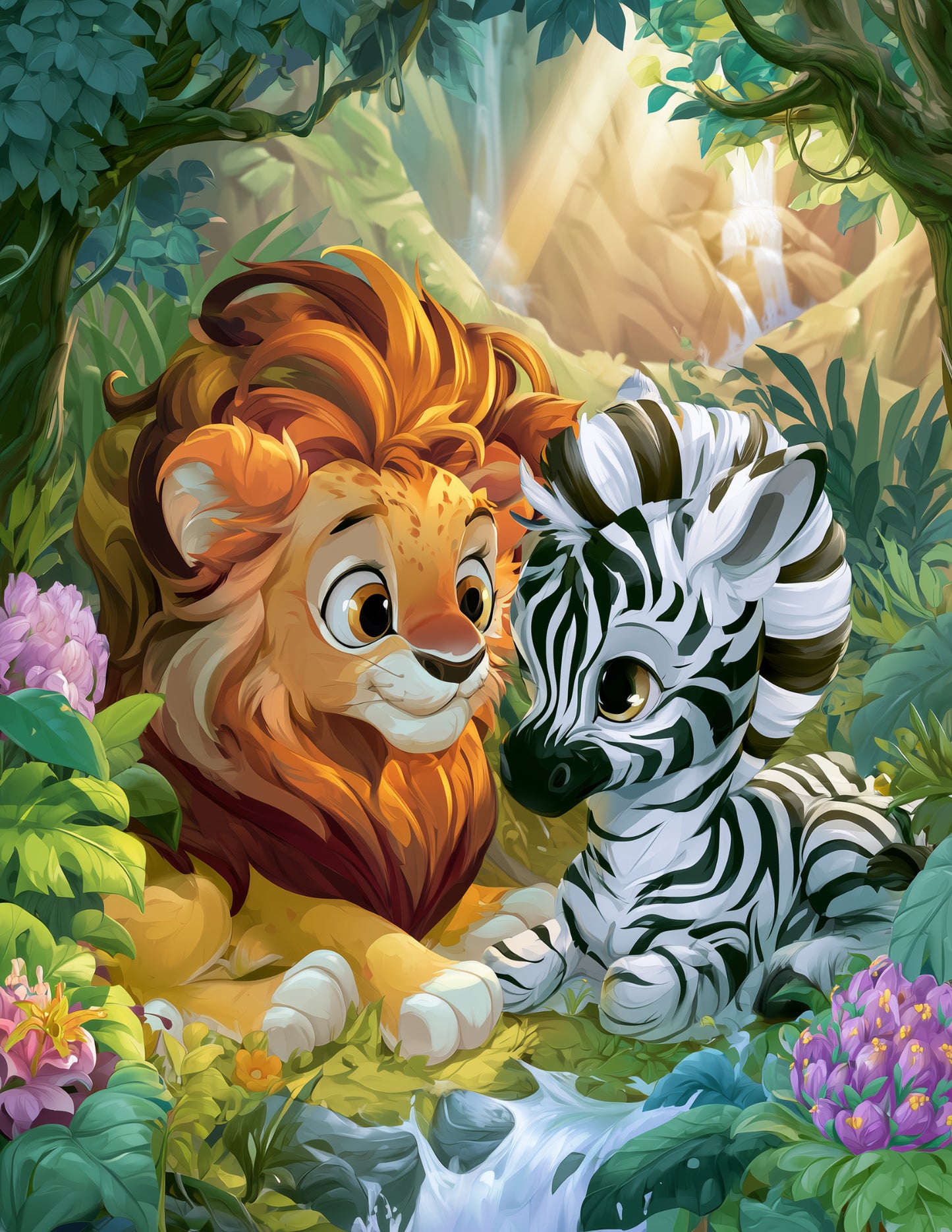 Lion & Zebra — Cute Cartoon Forest Tones Duo Wall Art, 3 Sizes Included, Nursery Decor