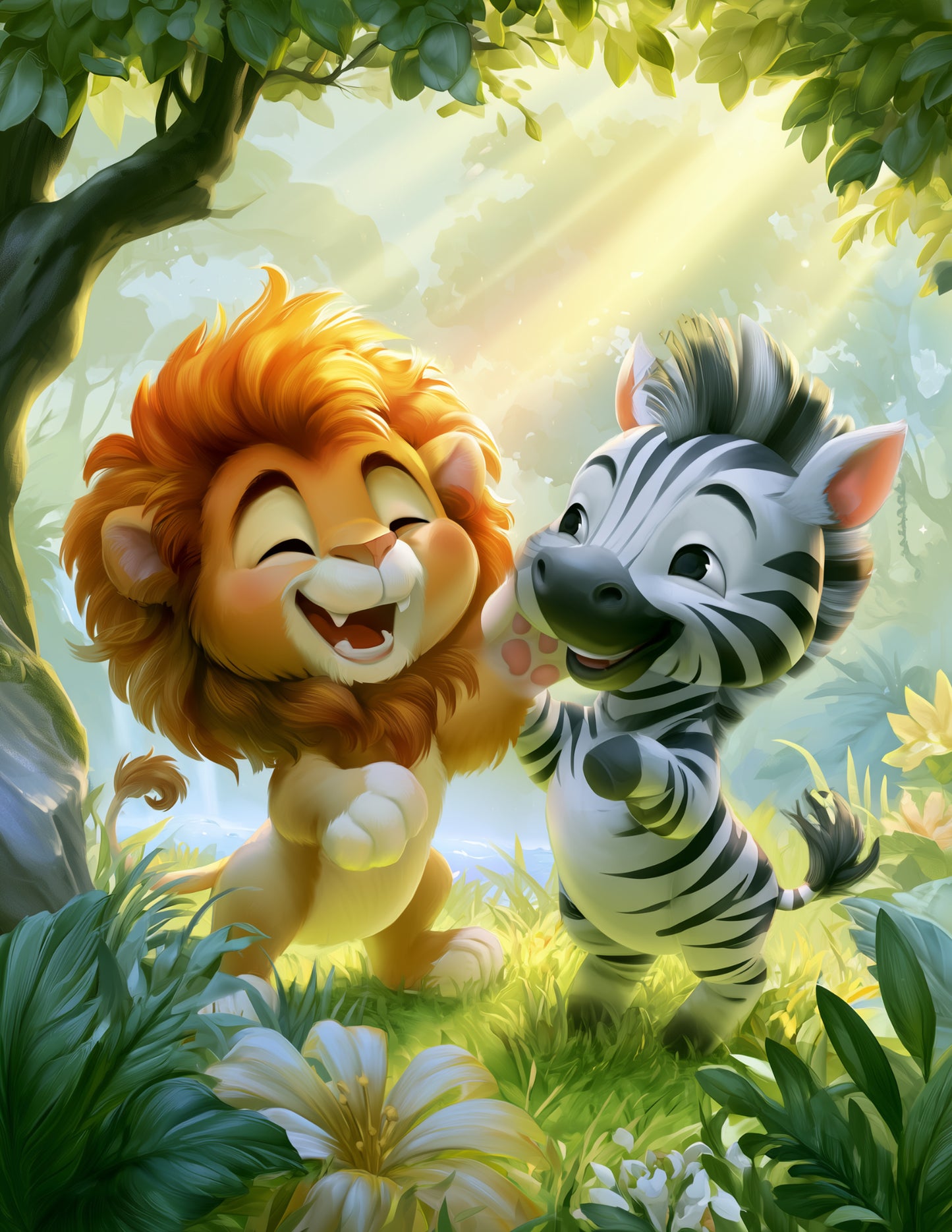Lion & Zebra — Cute Cartoon Soft Gradients Duo Wall Art, 3 Sizes Included, Nursery Decor